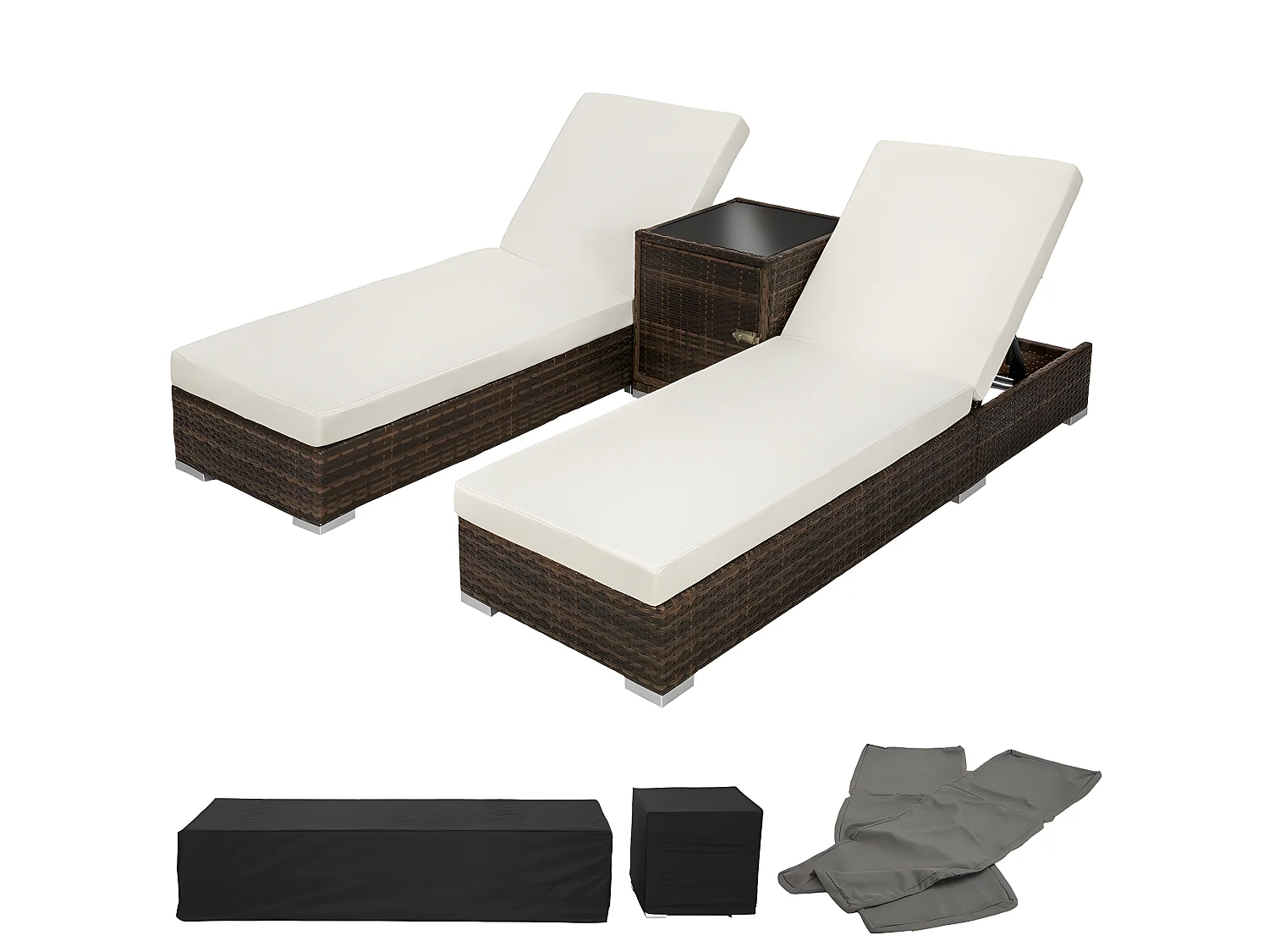 Conjunto de duas espreguiçadeiras em resina tecida de poli rattan + mesa + dois conjuntos de capas + capa protetora marrom 08_0000504