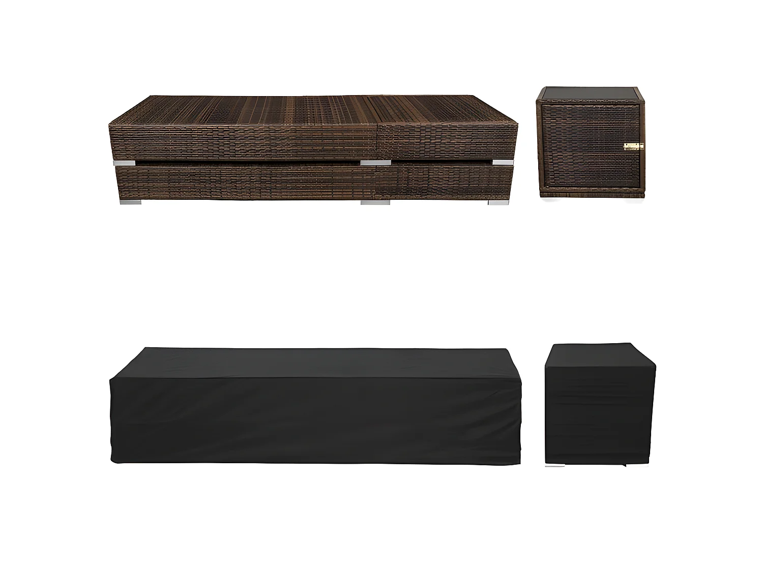 Conjunto de duas espreguiçadeiras em resina tecida de poli rattan + mesa + dois conjuntos de capas + capa protetora marrom 08_0000504