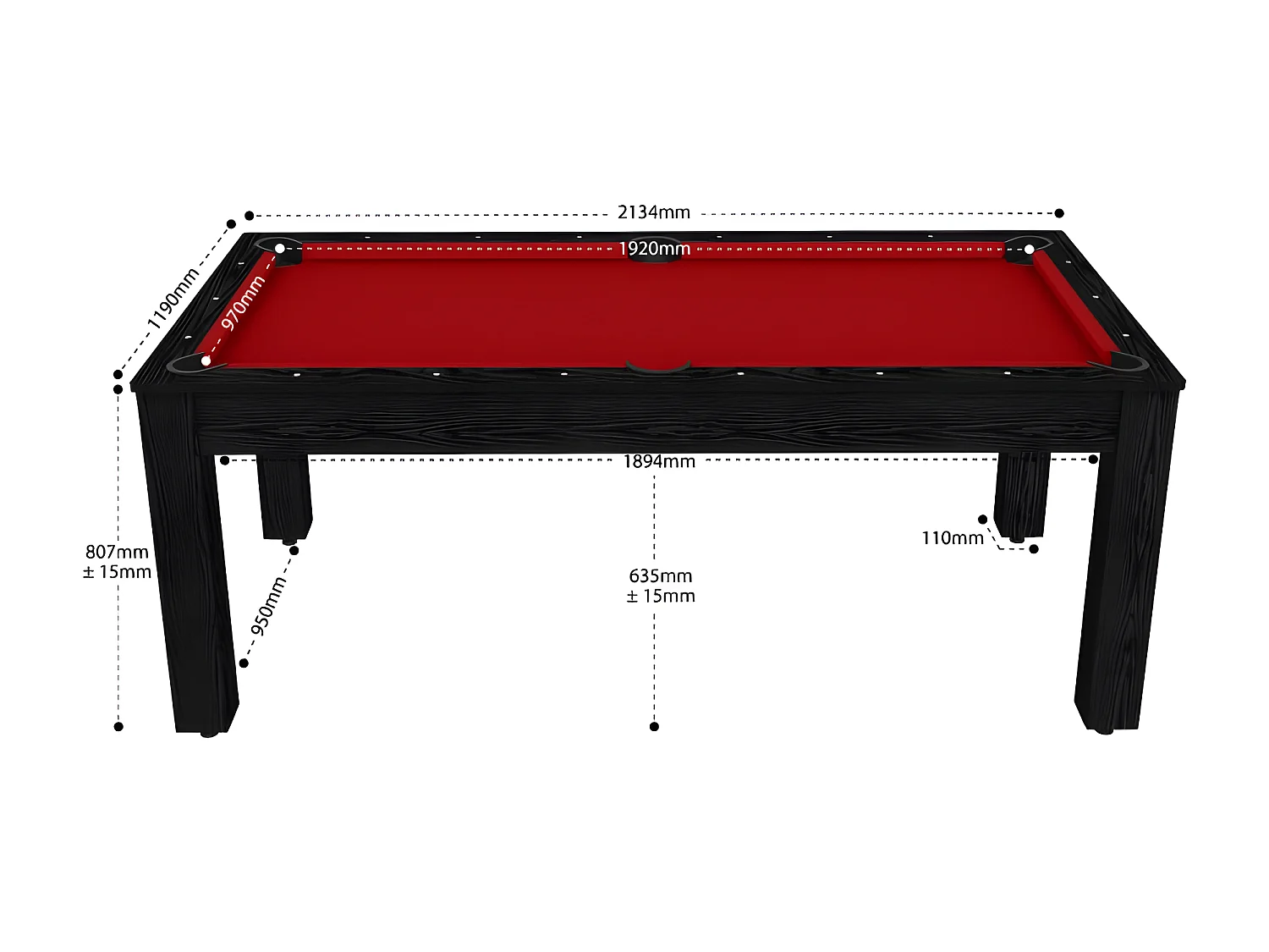 Table de Billard Convertible "Oregon" 213cm Noir & Rouge