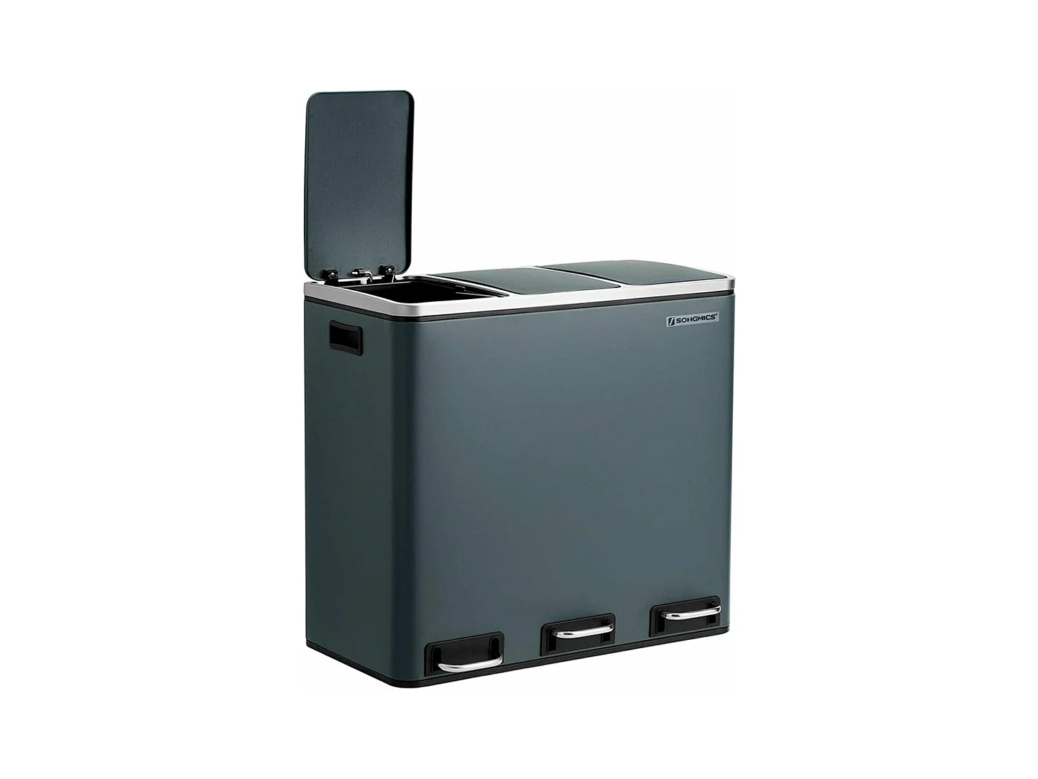 Lixeira de reciclagem 3 x 18 litros 3 compartimentos mecanismo tampão pedais tampa baldes internos de plástico com alças cinza antracite 12_0003236