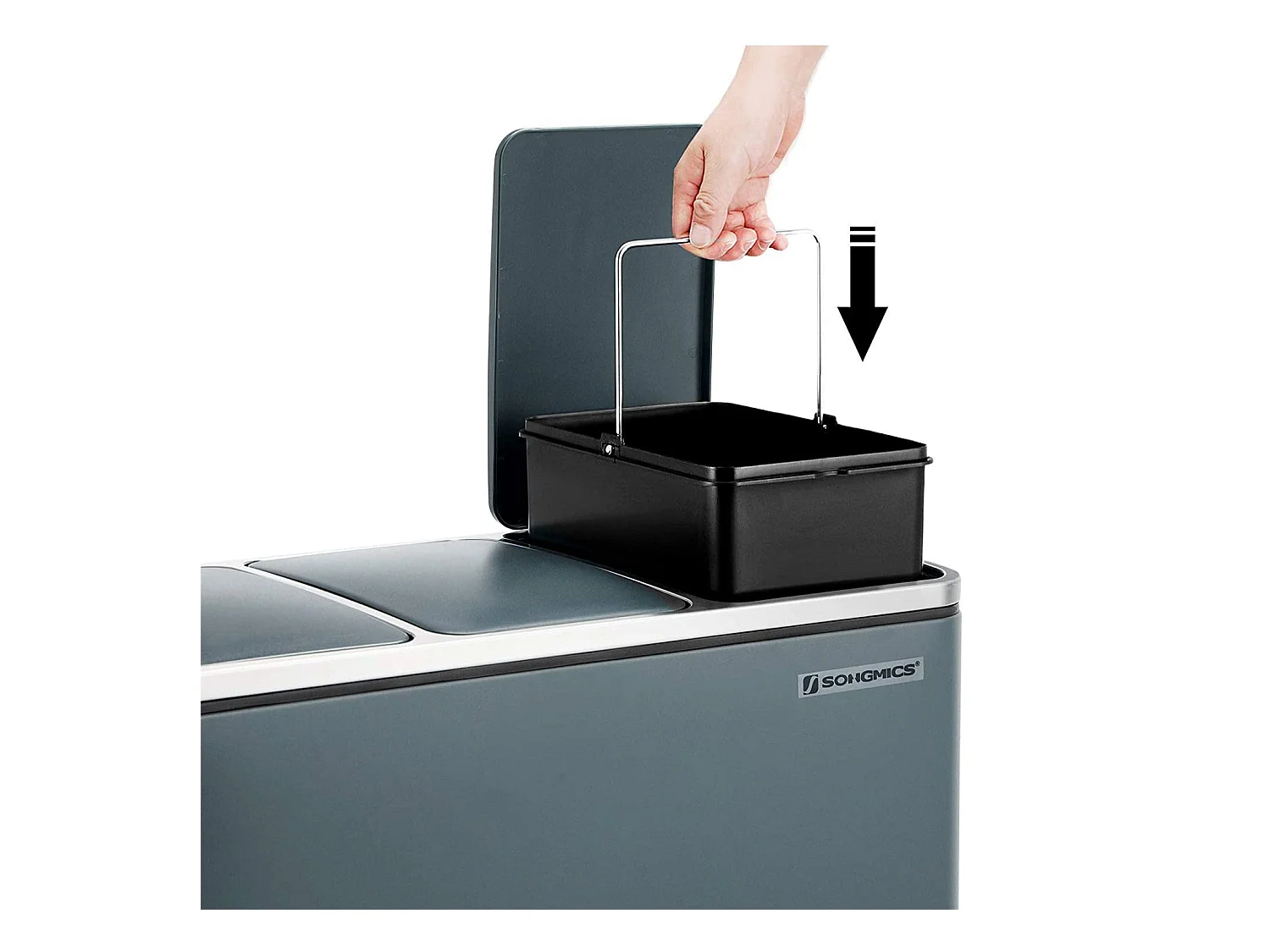 Lixeira de reciclagem 3 x 18 litros 3 compartimentos mecanismo tampão pedais tampa baldes internos de plástico com alças cinza antracite 12_0003236