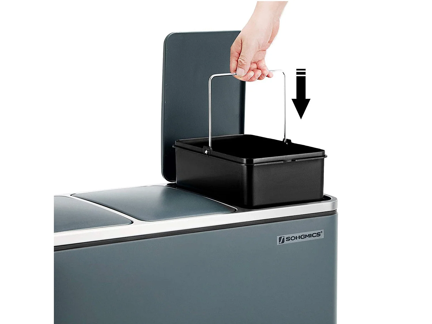 Lixeira de reciclagem 3 x 18 litros 3 compartimentos mecanismo tampão pedais tampa baldes internos de plástico com alças cinza antracite 12_0003236