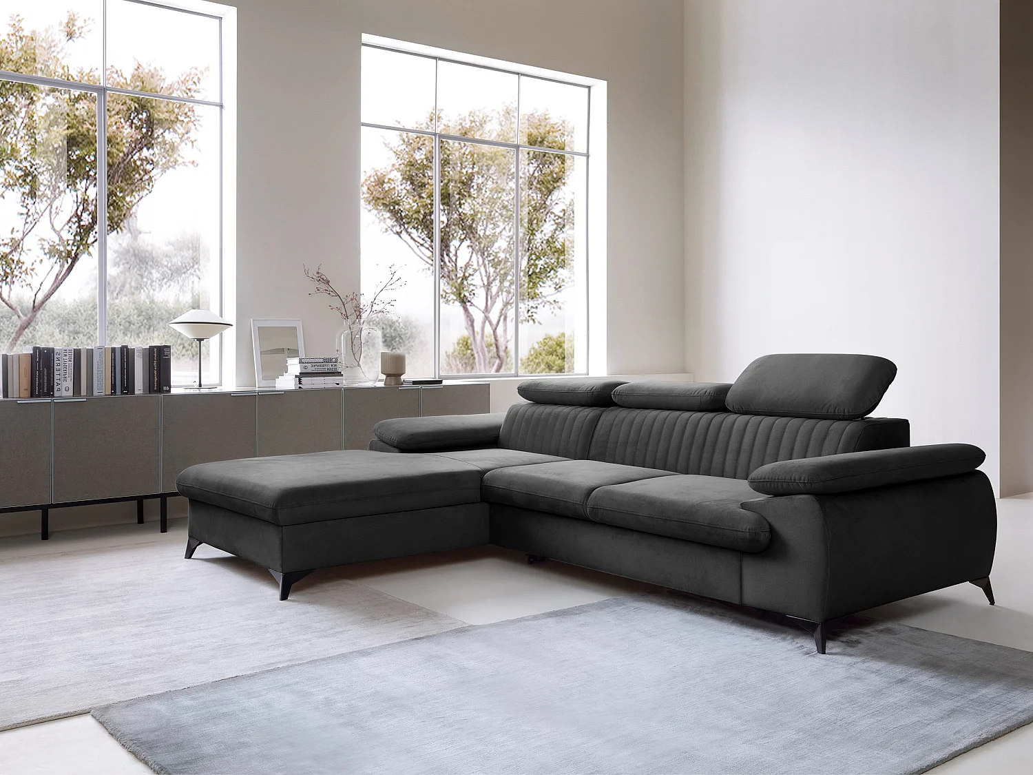 Canapé d'angle gauche convertible en velours gris anthracite SAMARA de Pascal Morabito