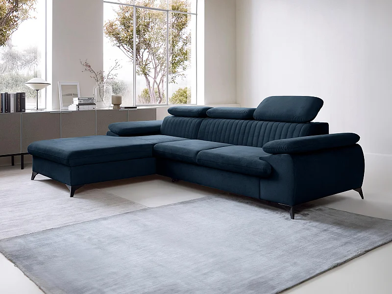 Canapé d'angle gauche convertible en velours bleu nuit SAMARA de Pascal Morabito