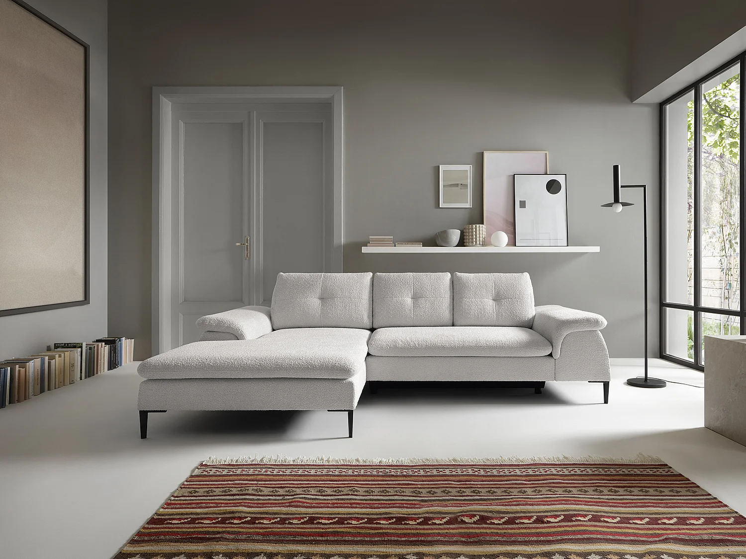 Canapé d'angle gauche convertible en tissu bouclette blanc JOLESA