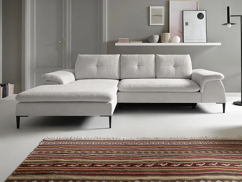 Canapé d'angle gauche convertible en tissu bouclette blanc JOLESA