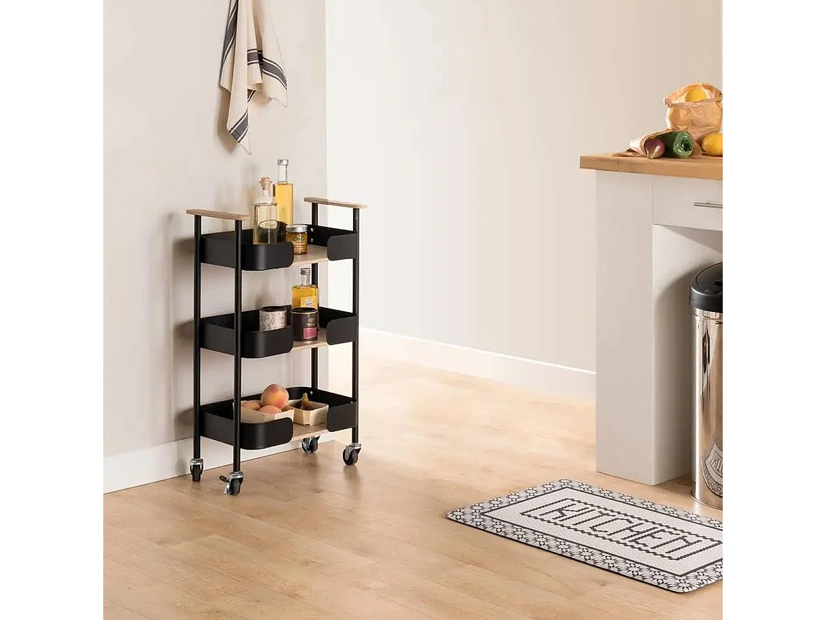 Desserte de Cuisine roulante à 3 niveaux en Métal Noir et Bois H 74.6 cm