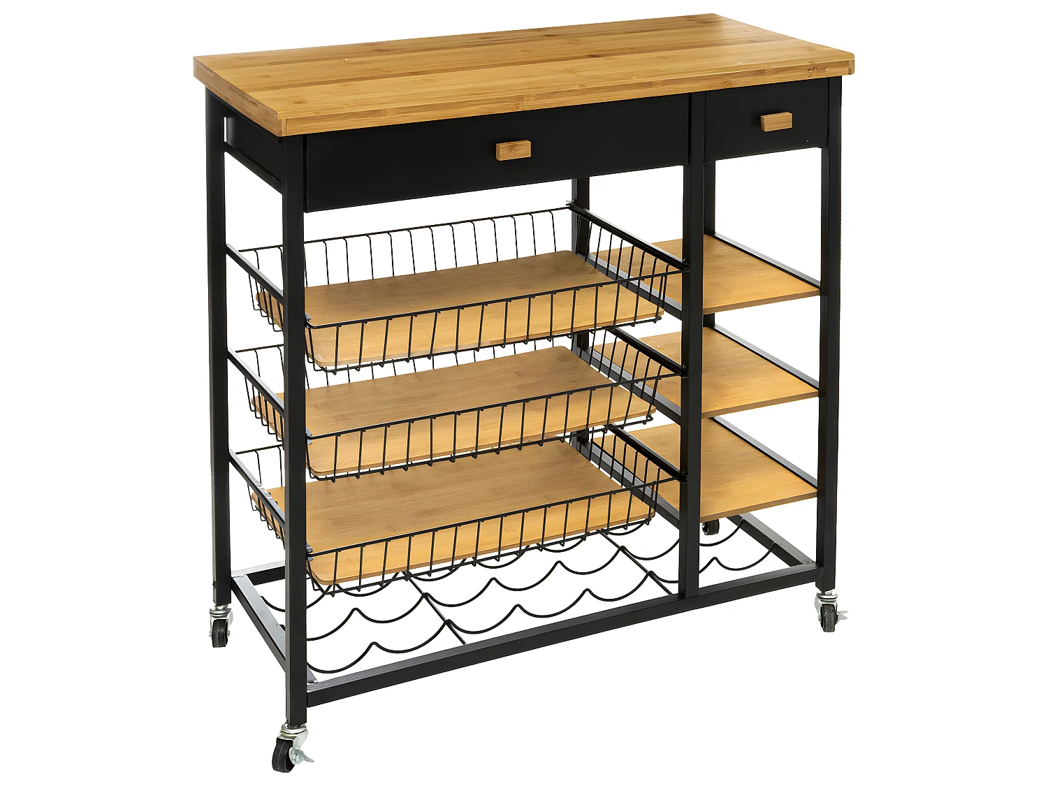 Desserte roulante grand modèle en Métal Noir et Bambou L 126 x H 87 cm