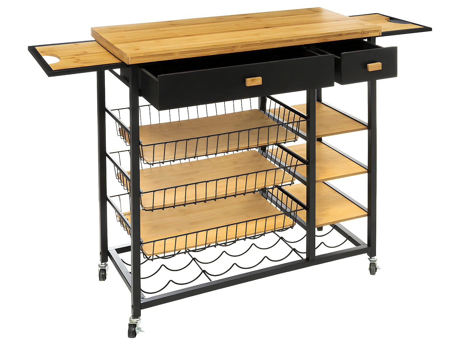 Desserte roulante grand modèle en Métal Noir et Bambou L 126 x H 87 cm