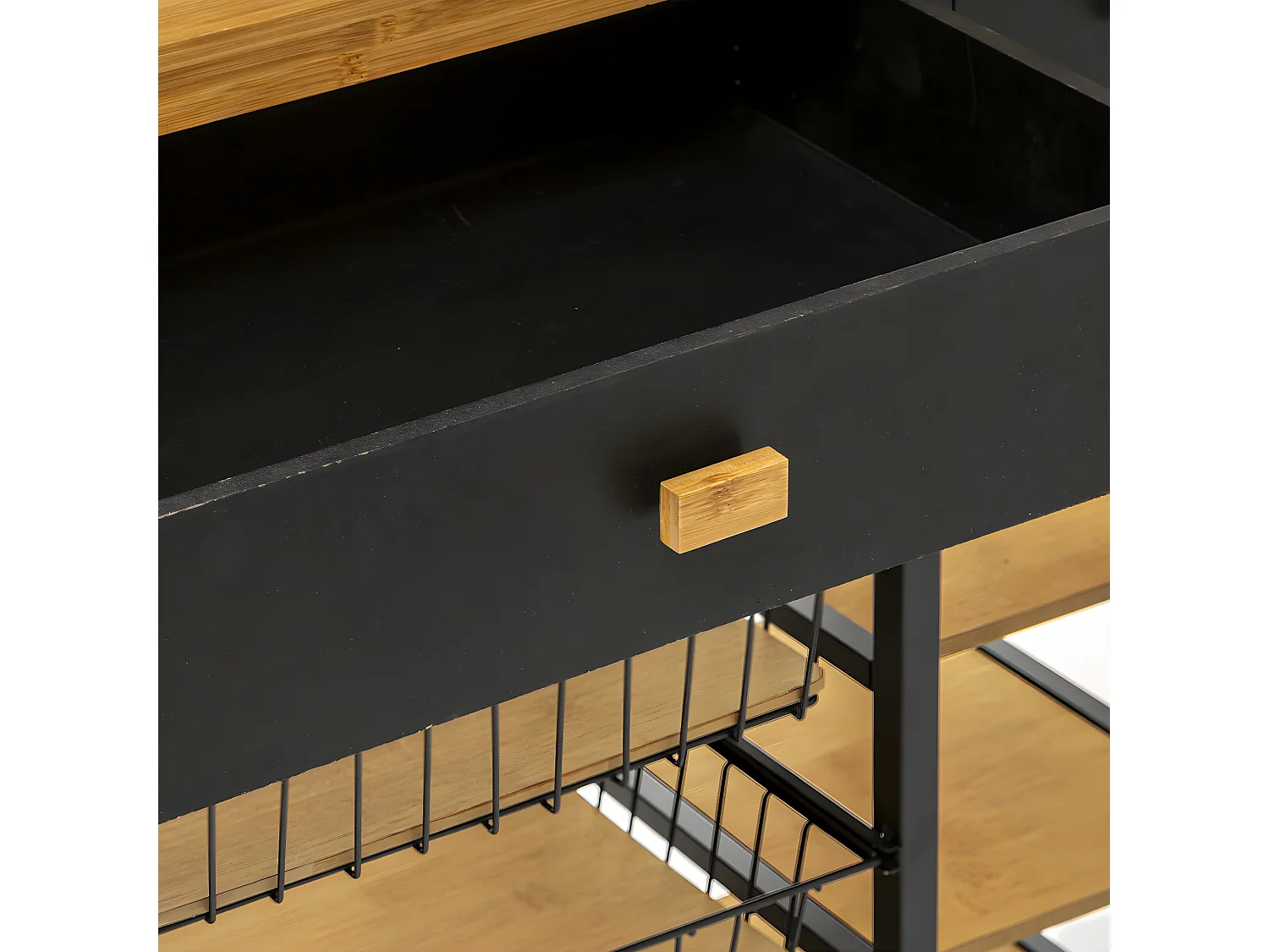 Desserte roulante grand modèle en Métal Noir et Bambou L 126 x H 87 cm