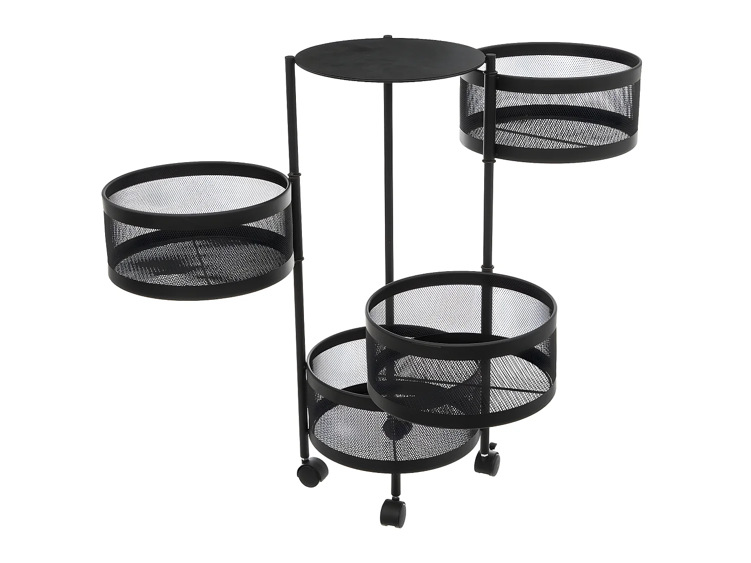 Resserre de cuisine 4 Paniers rotatifs sur roues en Métal Noir H 76 cm