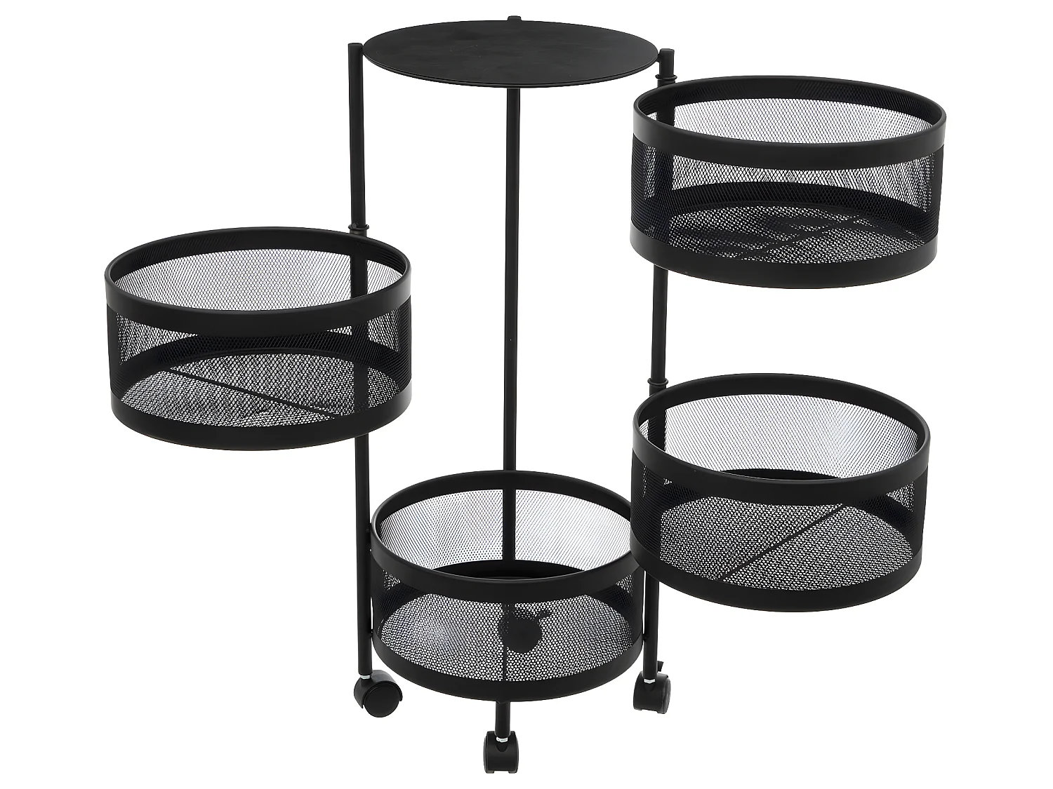 Resserre de cuisine 4 Paniers rotatifs sur roues en Métal Noir H 76 cm