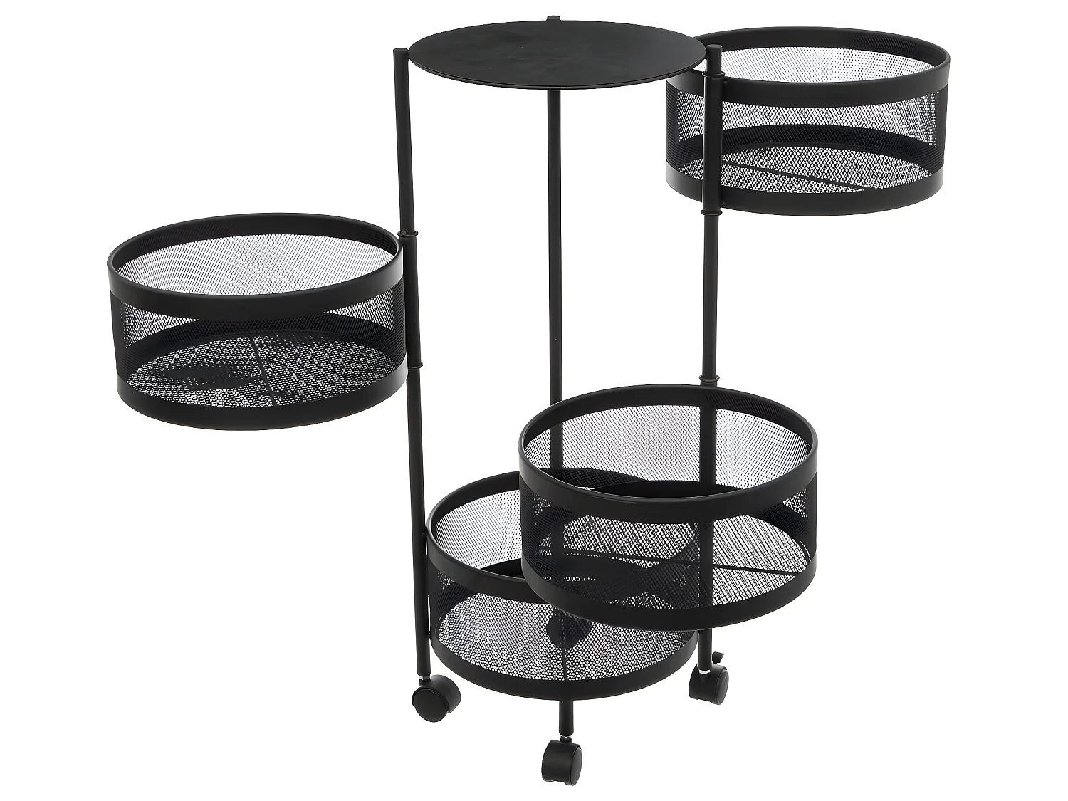 Resserre de cuisine 4 Paniers rotatifs sur roues en Métal Noir H 76 cm