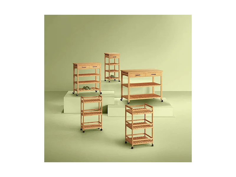 Desserte roulante 3 niveaux en Bambou H 80 cm