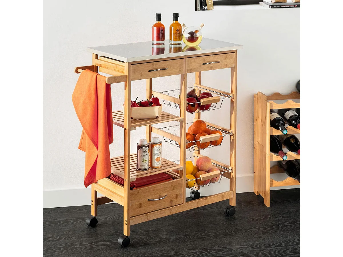 Desserte de cuisine roulante en Bambou avec plan de travail en métal