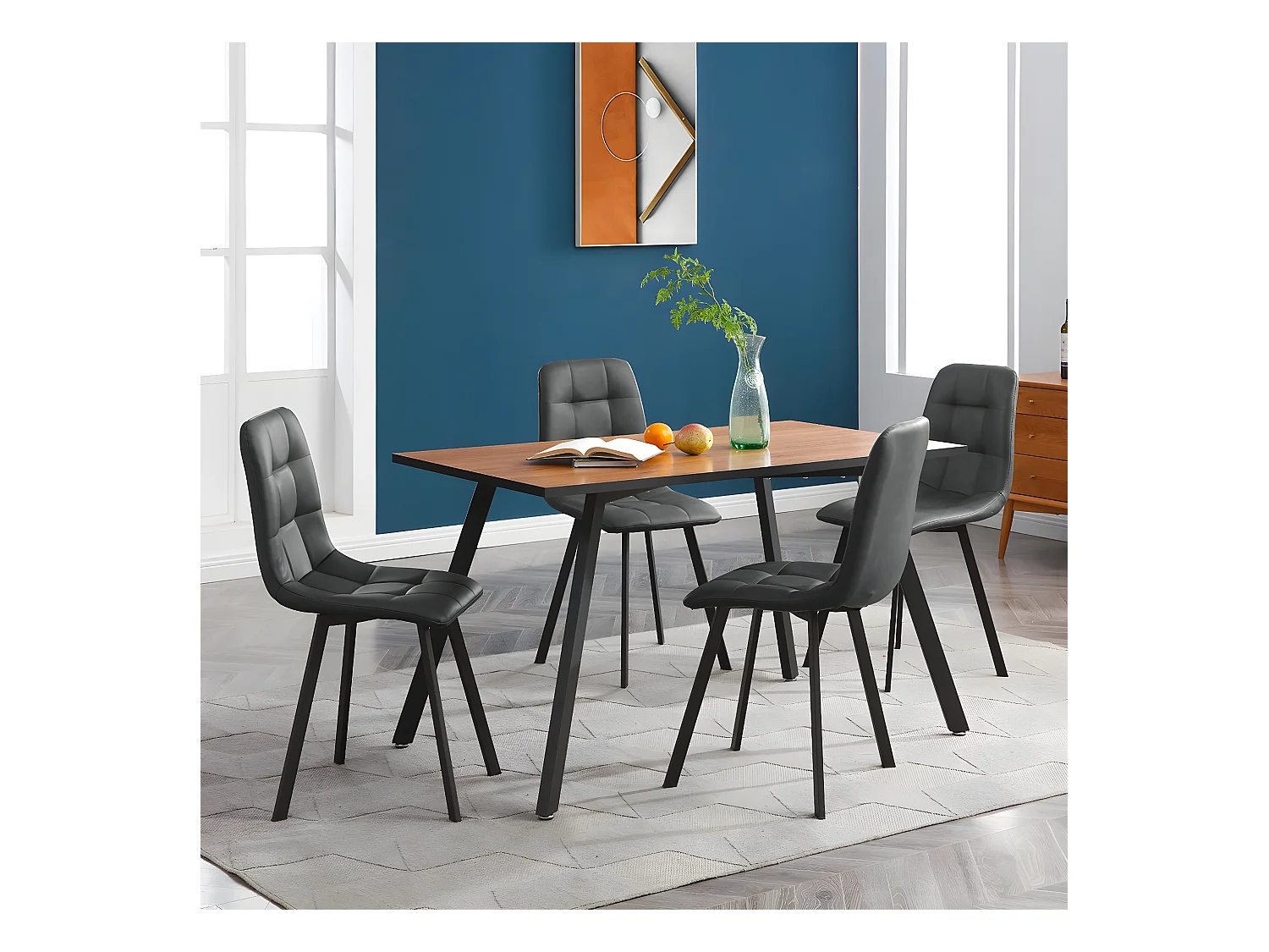 IZMIR - Ensemble Repas Table Rectangulaire + 4 Chaises Gris Foncé