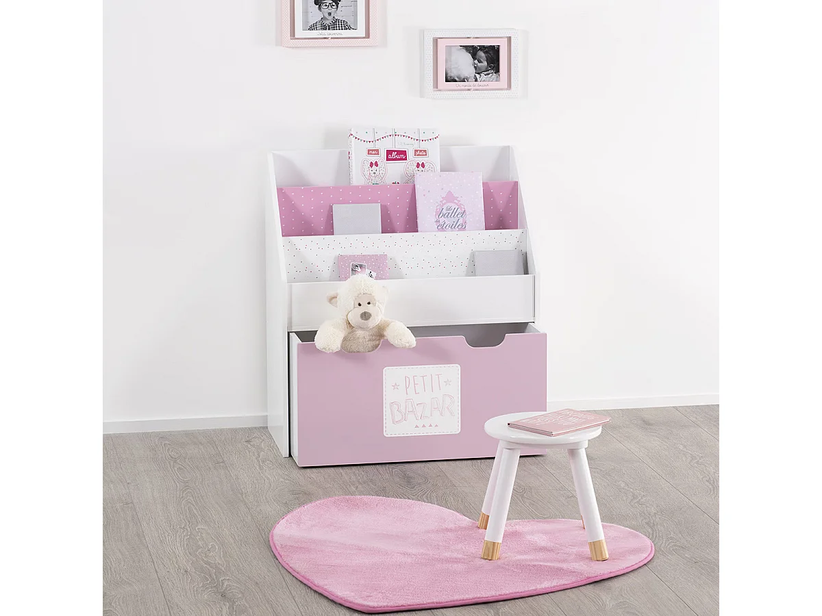 Bibliothèque Enfant blanche & rose avec bac de rangement sur roulette