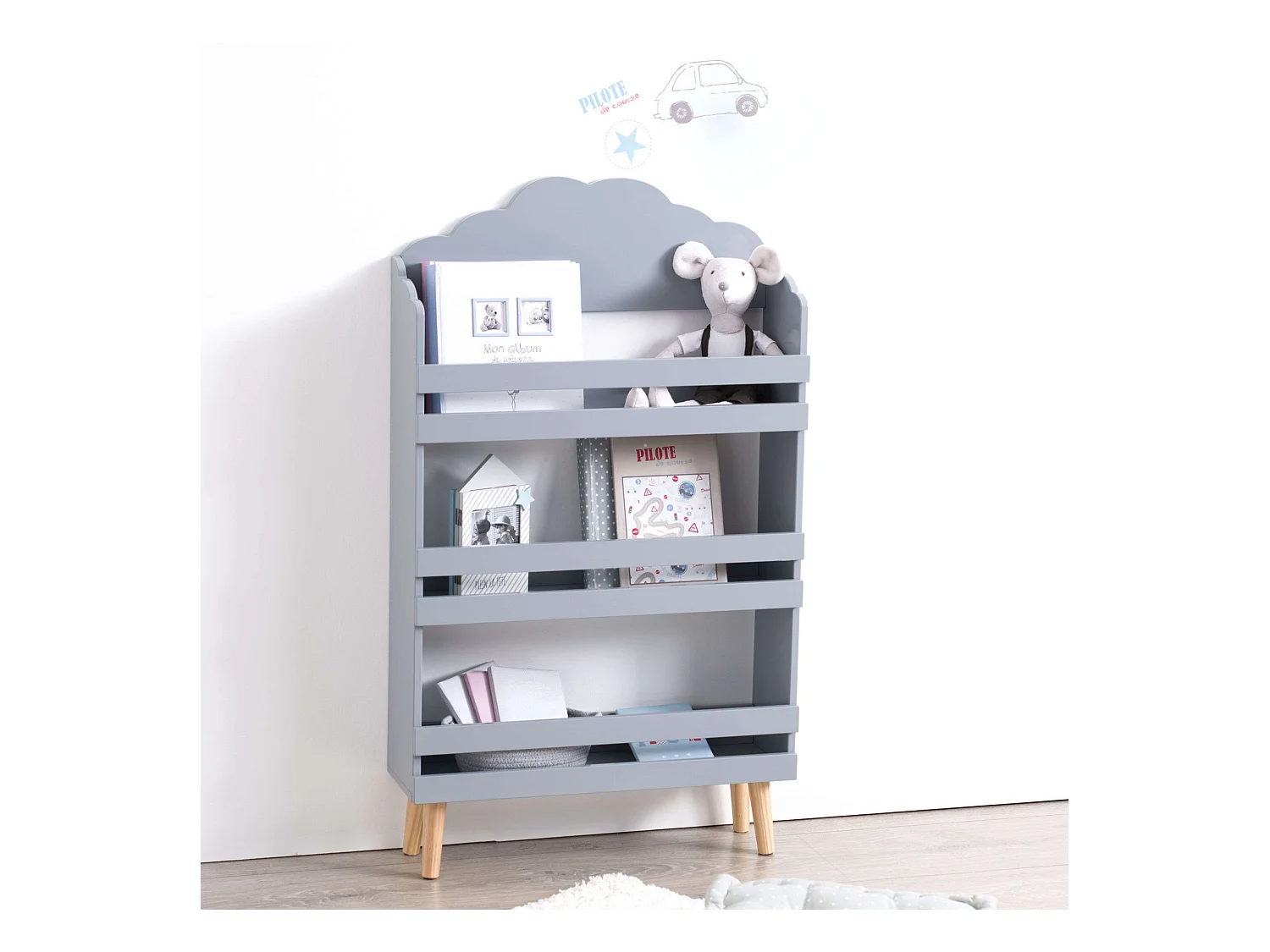 Bibliothèque Enfant Nuage gris 3 étagères