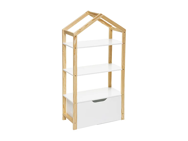 Bibliothèque Enfant forme Maison 1 tiroir et 3 Étagères en Bois H 120.5 cm