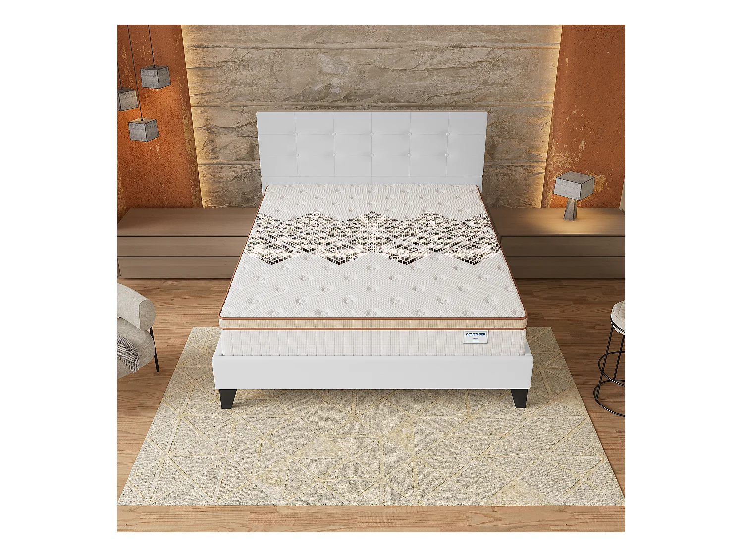 Ensemble matelas + lit 120x190 cm, matelas 28cm ressorts ensachés, accueil mousse, lit à tête de lit capitonnée similicuir blanc