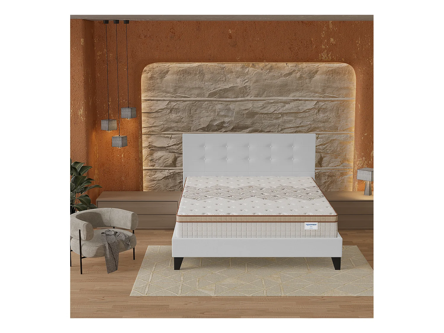 Ensemble matelas + lit 120x190 cm, matelas 28cm ressorts ensachés, accueil mousse, lit à tête de lit capitonnée similicuir blanc