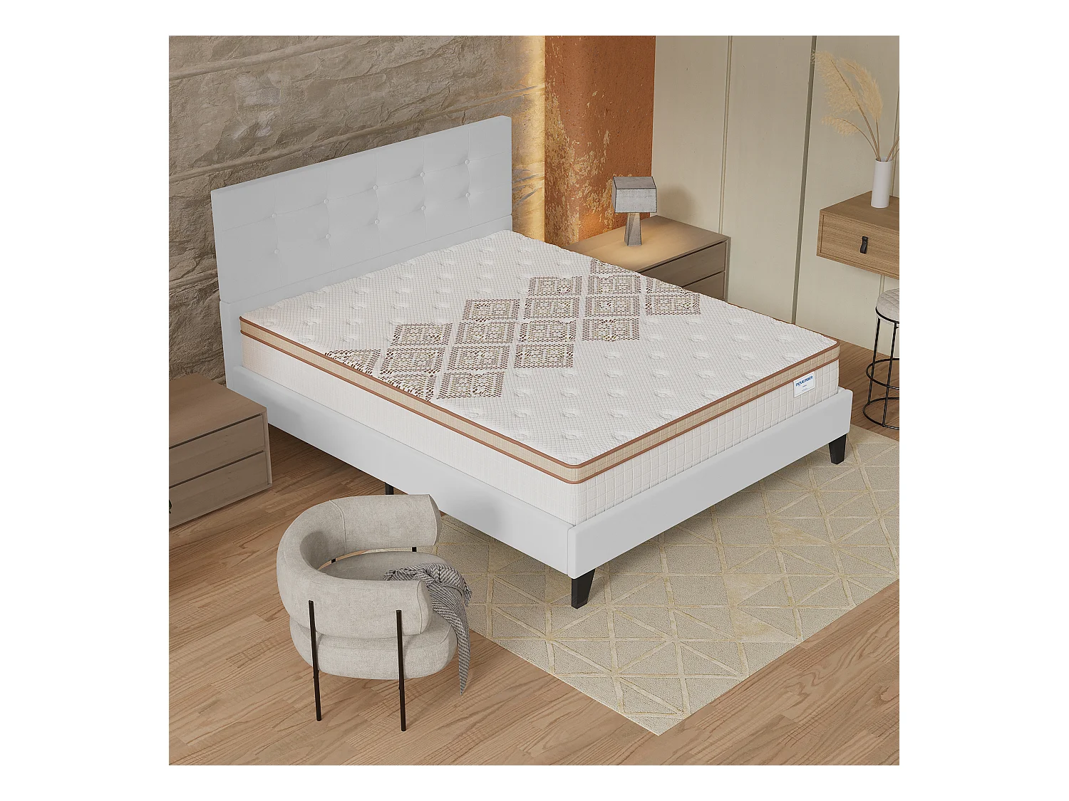 Ensemble matelas + lit 140x200 cm, matelas 28cm ressorts ensachés, accueil mousse, lit à tête de lit capitonnée similicuir blanc