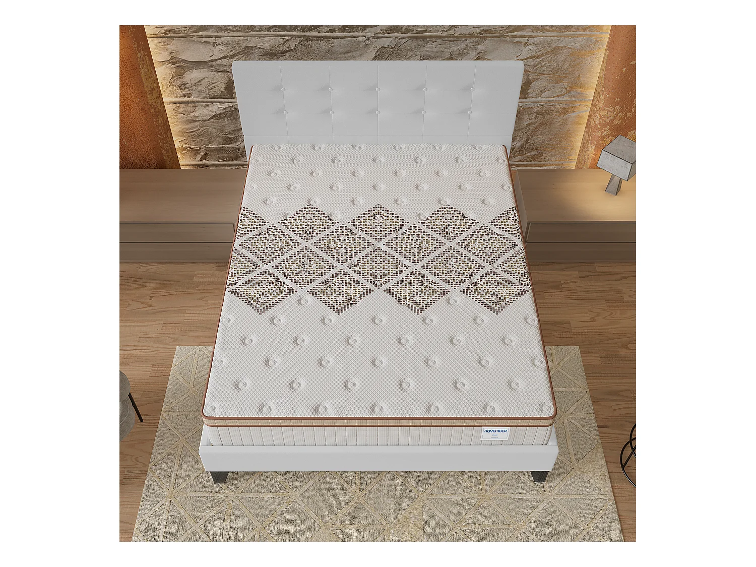 Ensemble matelas + lit 140x200 cm, matelas 28cm ressorts ensachés, accueil mousse, lit à tête de lit capitonnée similicuir blanc