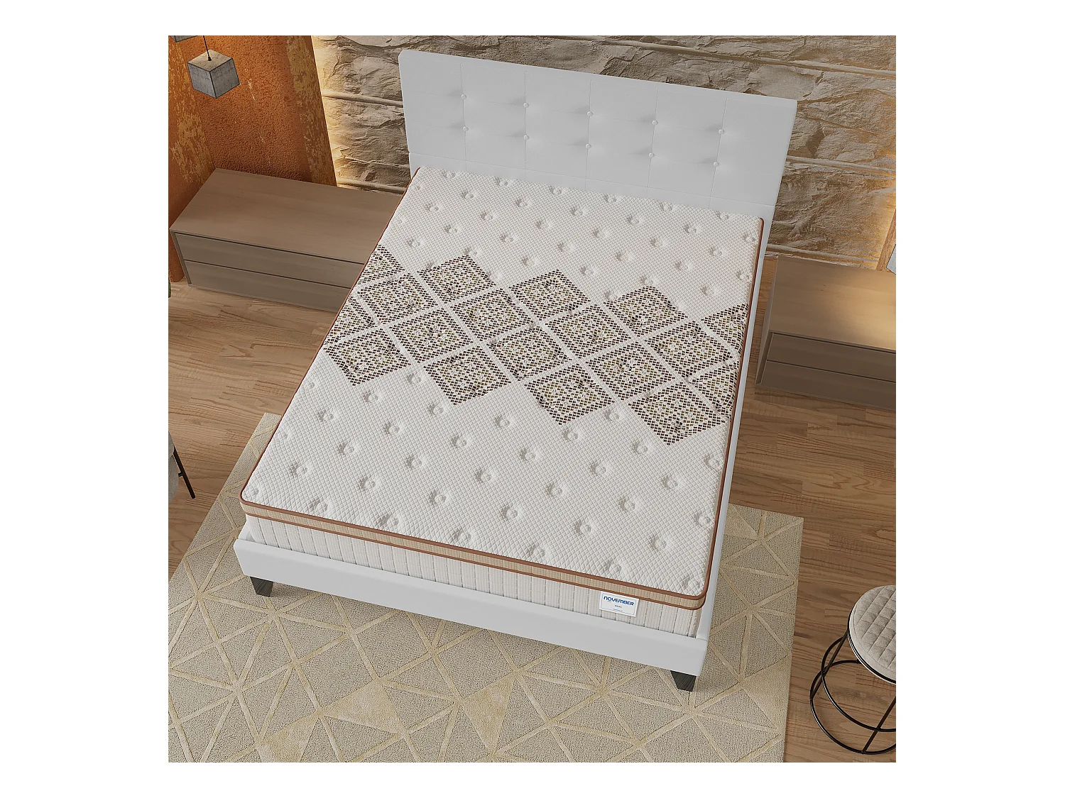 Ensemble matelas + lit 140x200 cm, matelas 28cm ressorts ensachés, accueil mousse, lit à tête de lit capitonnée similicuir blanc