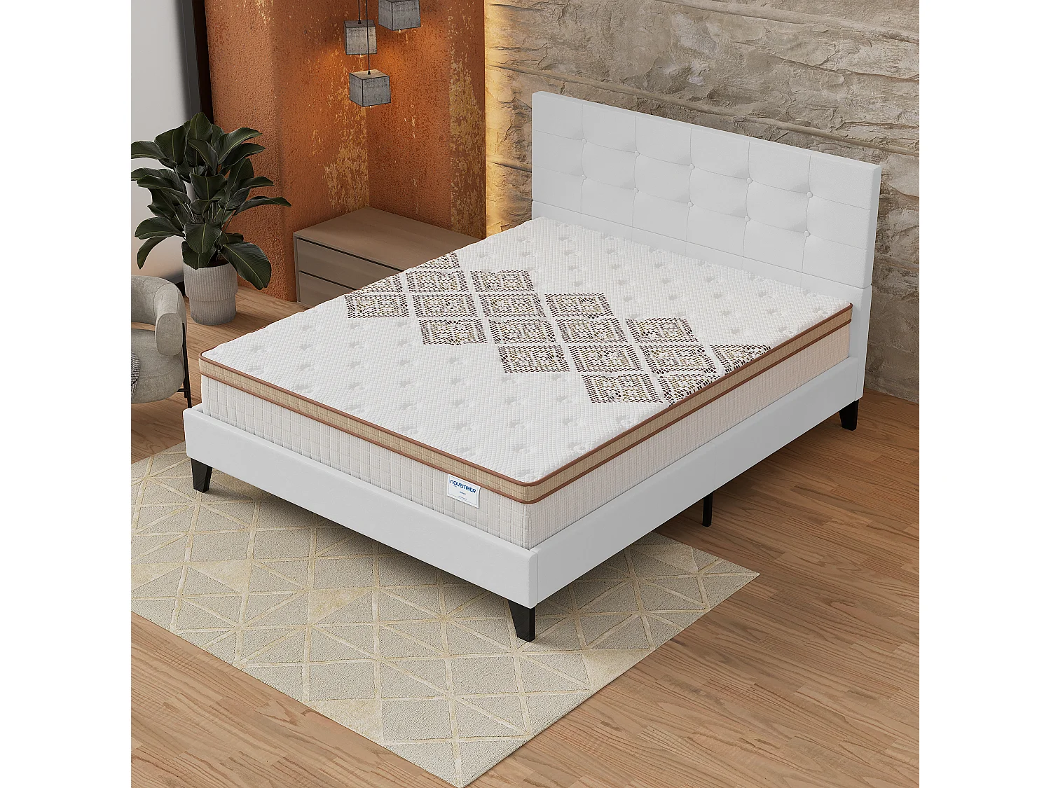 Ensemble matelas + lit 140x200 cm, matelas 28cm ressorts ensachés, accueil mousse, lit à tête de lit capitonnée similicuir blanc