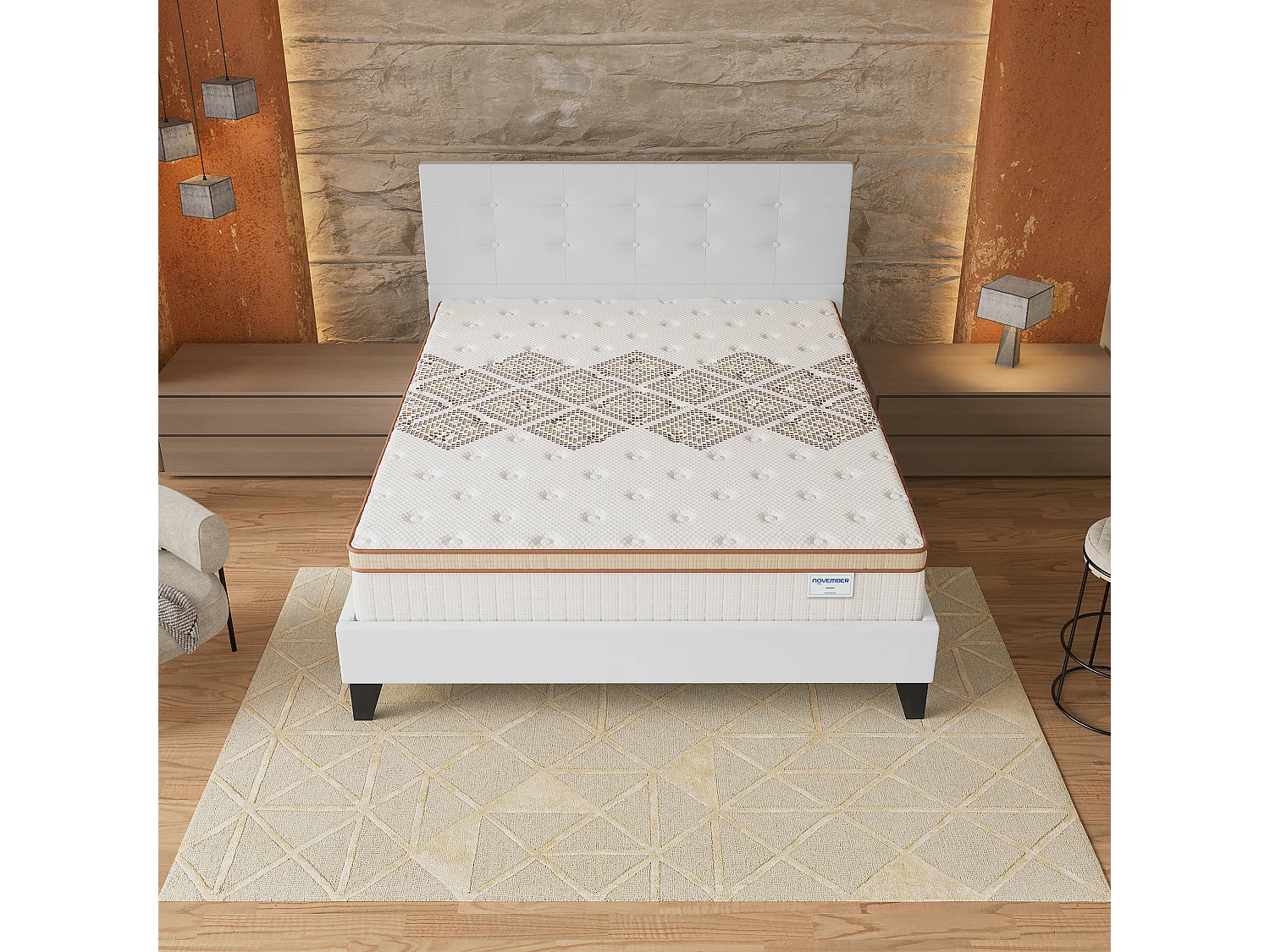 Ensemble matelas + lit 140x200 cm, matelas 28cm ressorts ensachés, accueil mousse, lit à tête de lit capitonnée similicuir blanc
