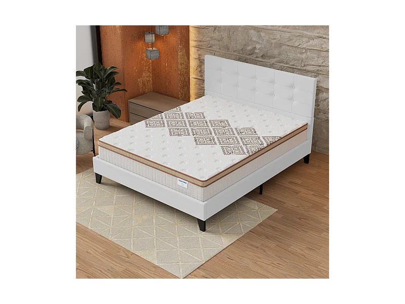 Ensemble matelas + lit 140x190 cm, matelas 28cm ressorts ensachés, accueil mousse, lit à tête de lit capitonnée similicuir blanc