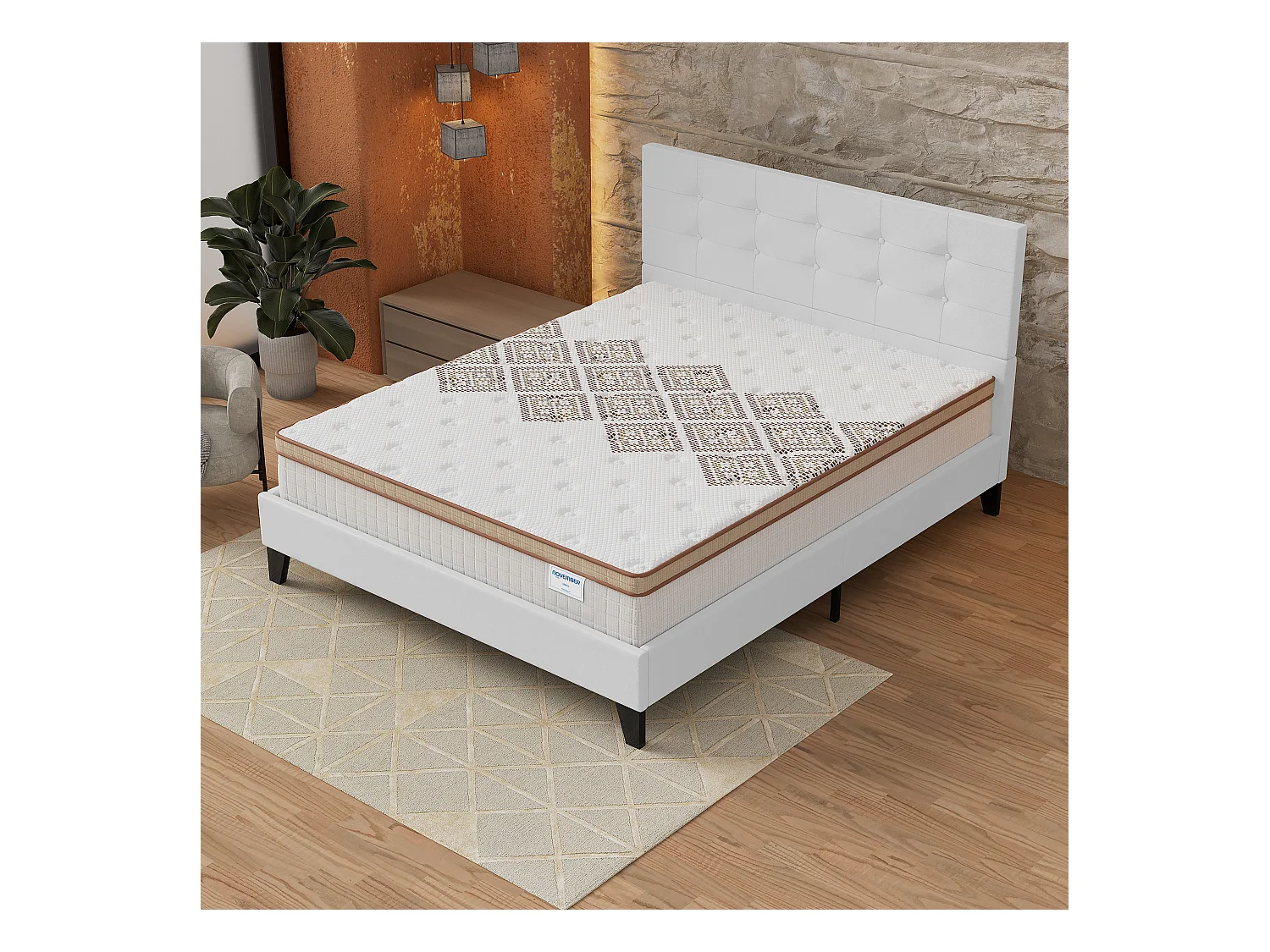 Ensemble matelas + lit 140x190 cm, matelas 28cm ressorts ensachés, accueil mousse, lit à tête de lit capitonnée similicuir blanc