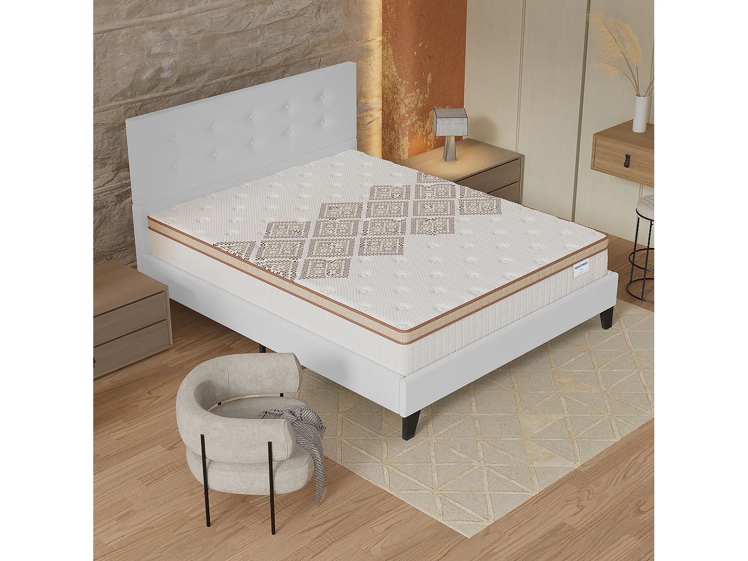 Ensemble matelas + lit 140x190 cm, matelas 28cm ressorts ensachés, accueil mousse, lit à tête de lit capitonnée similicuir blanc