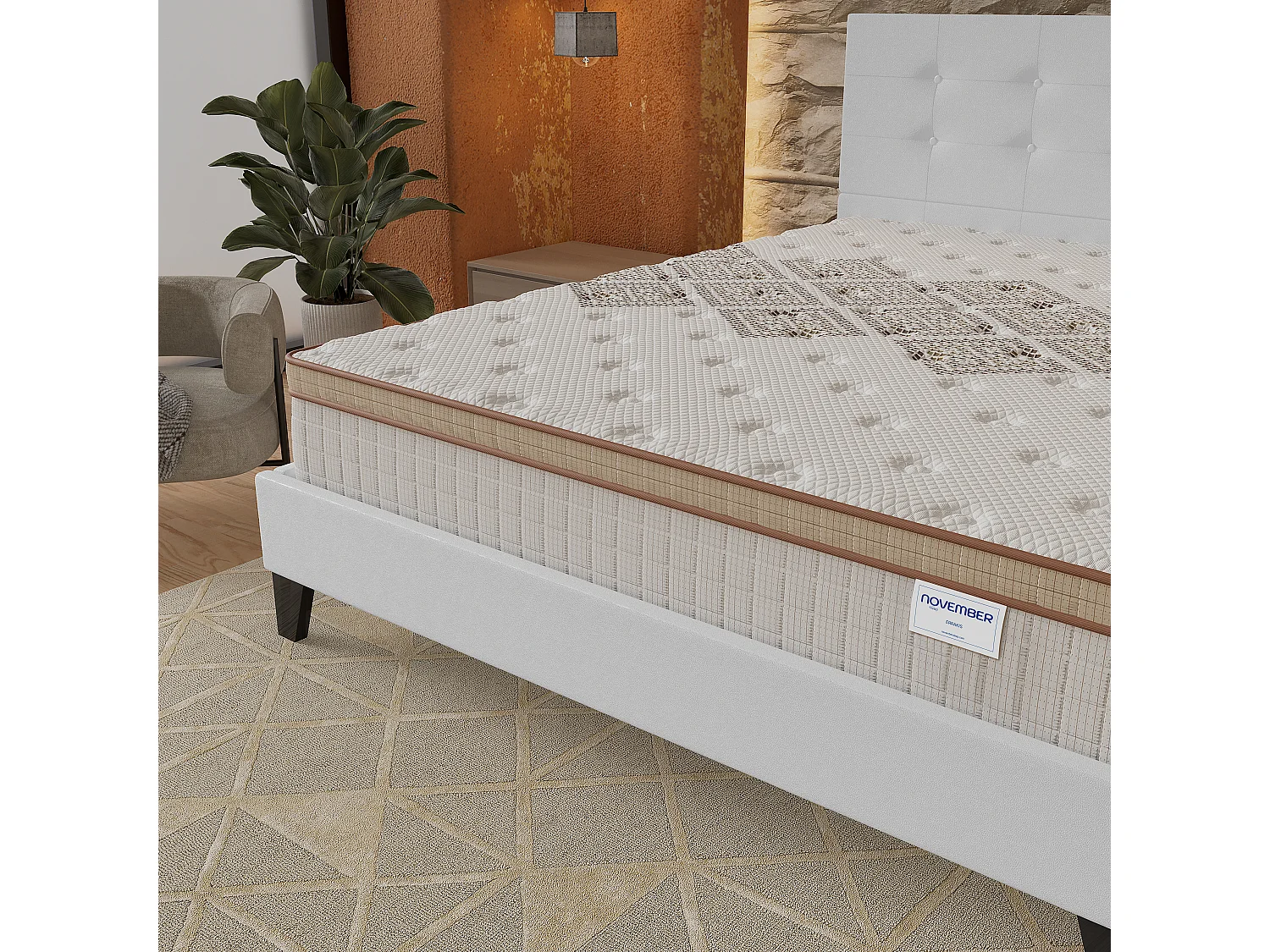 Ensemble matelas + lit 140x190 cm, matelas 28cm ressorts ensachés, accueil mousse, lit à tête de lit capitonnée similicuir blanc