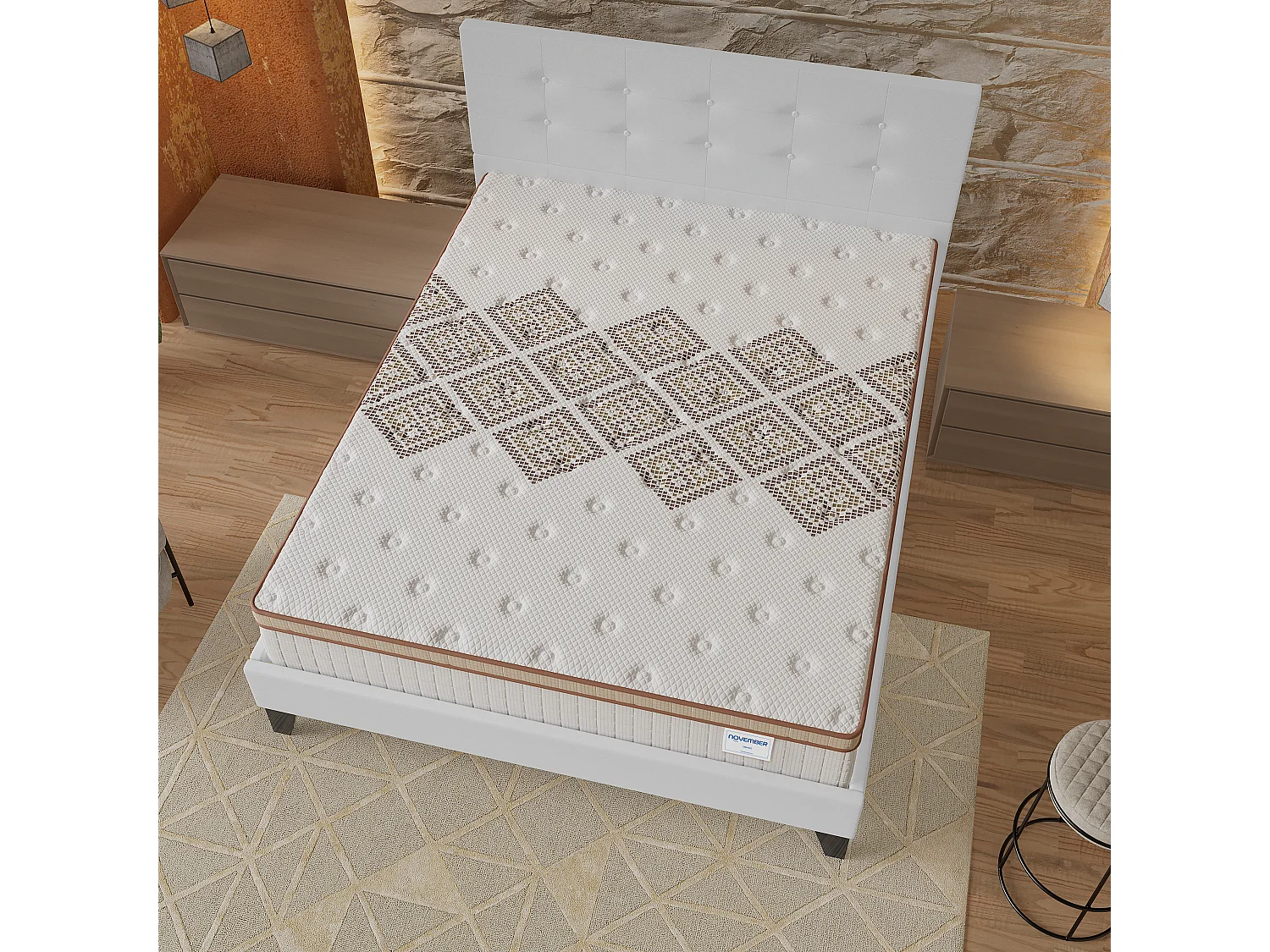 Ensemble matelas + lit 140x190 cm, matelas 28cm ressorts ensachés, accueil mousse, lit à tête de lit capitonnée similicuir blanc