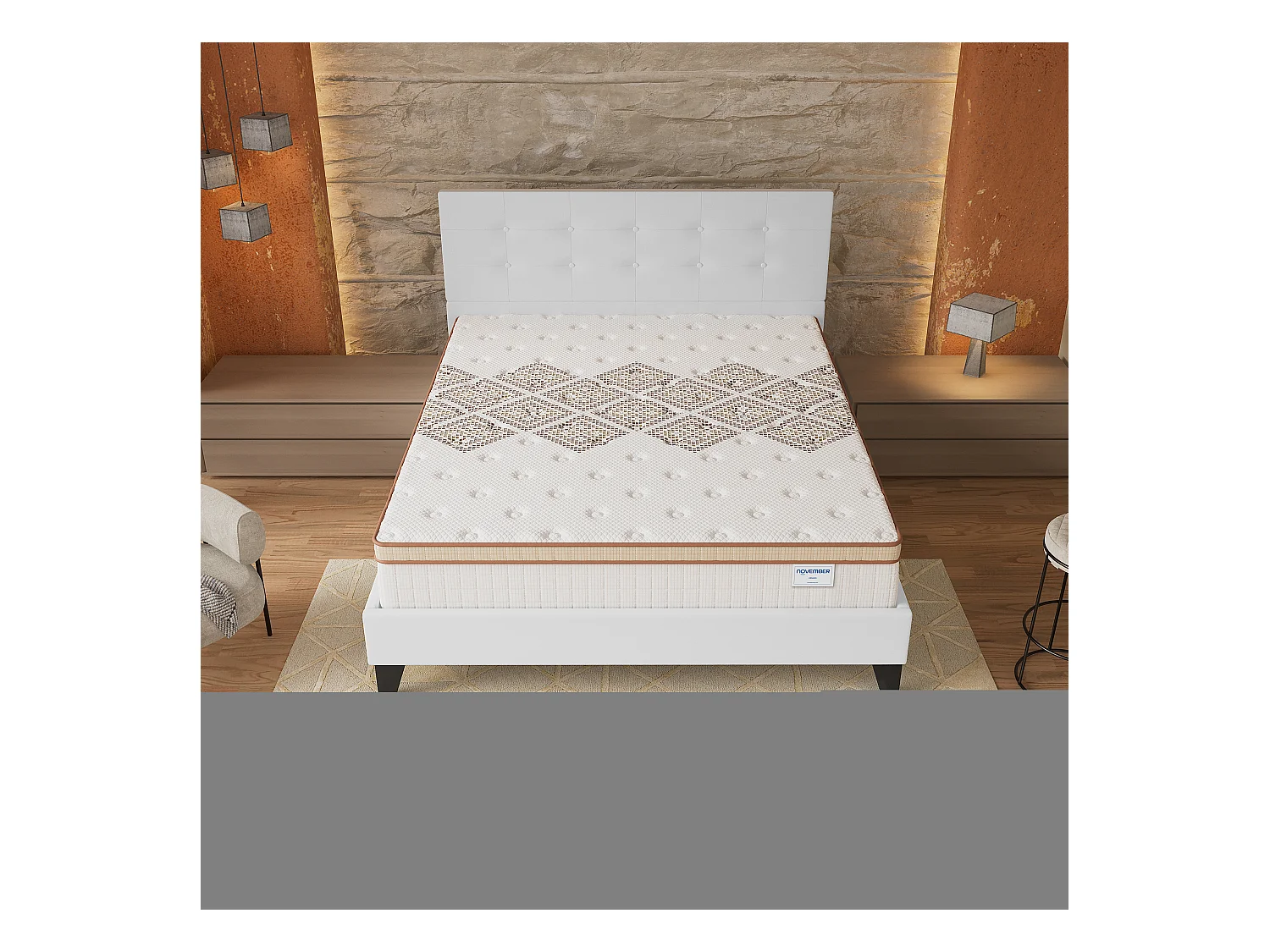 Ensemble matelas + lit 160x200 cm, matelas 28cm ressorts ensachés, accueil mousse, lit à tête de lit capitonnée similicuir blanc