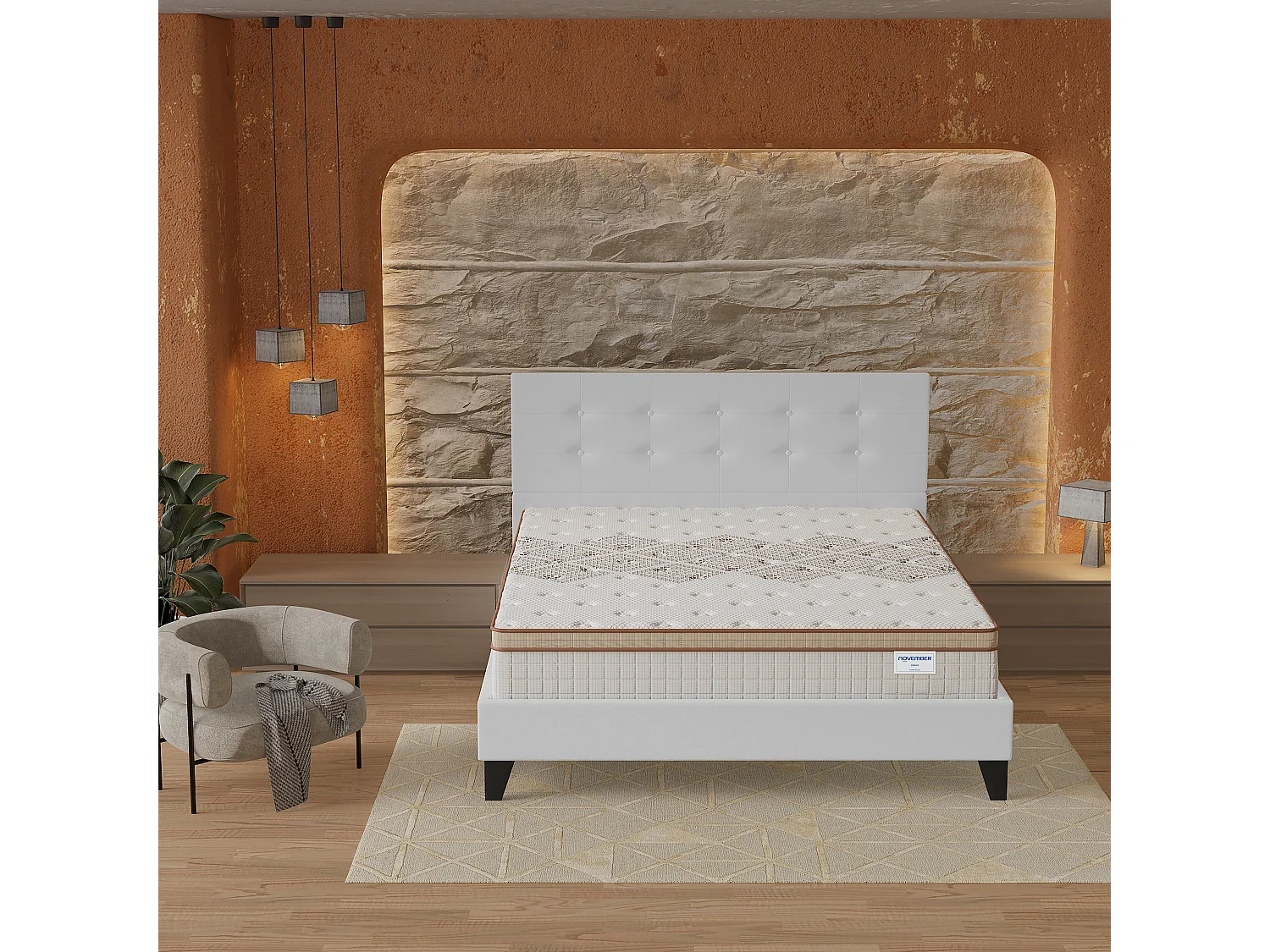 Ensemble matelas + lit 160x200 cm, matelas 28cm ressorts ensachés, accueil mousse, lit à tête de lit capitonnée similicuir blanc