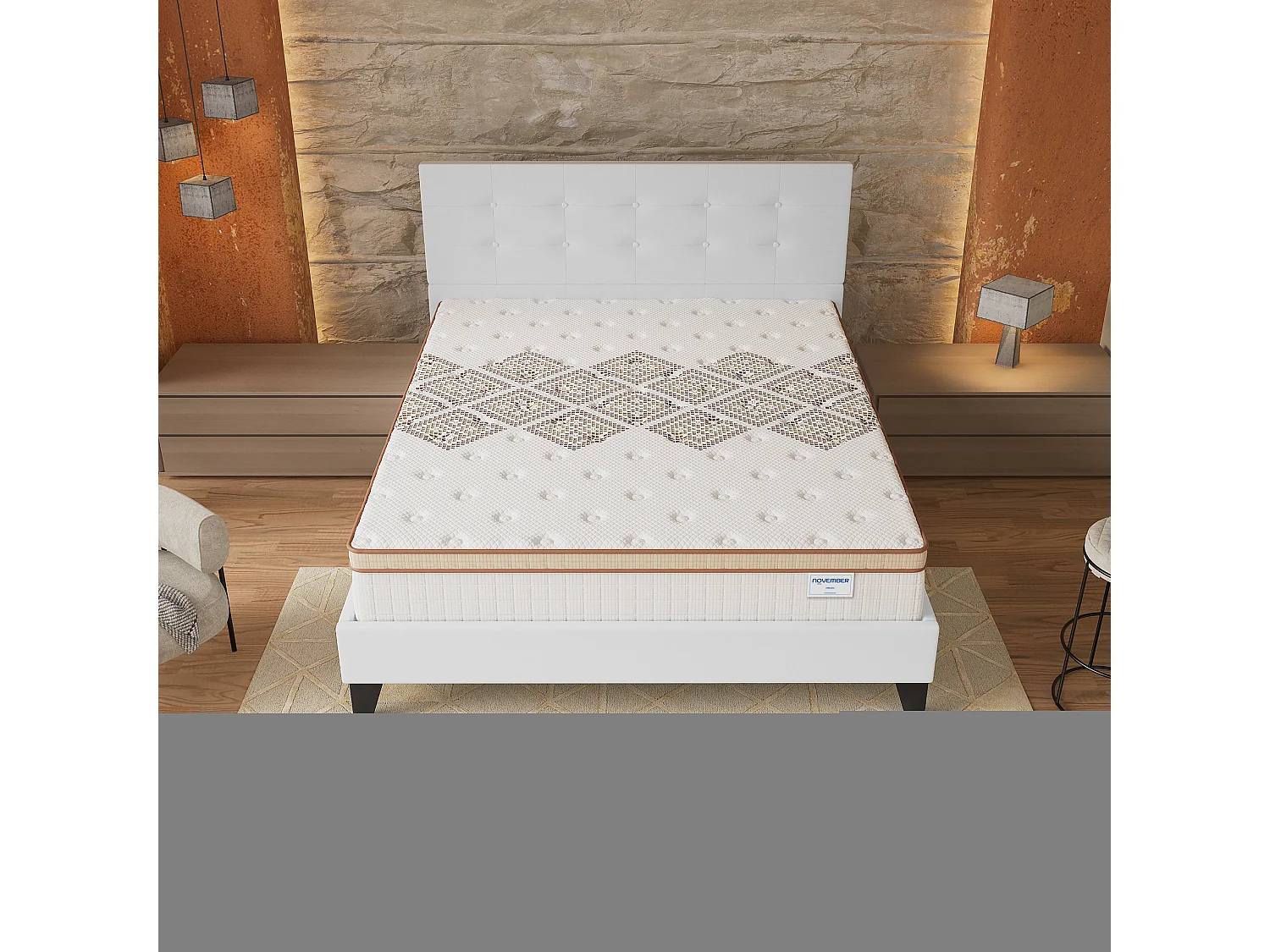 Ensemble matelas + lit 160x200 cm, matelas 28cm ressorts ensachés, accueil mousse, lit à tête de lit capitonnée similicuir blanc