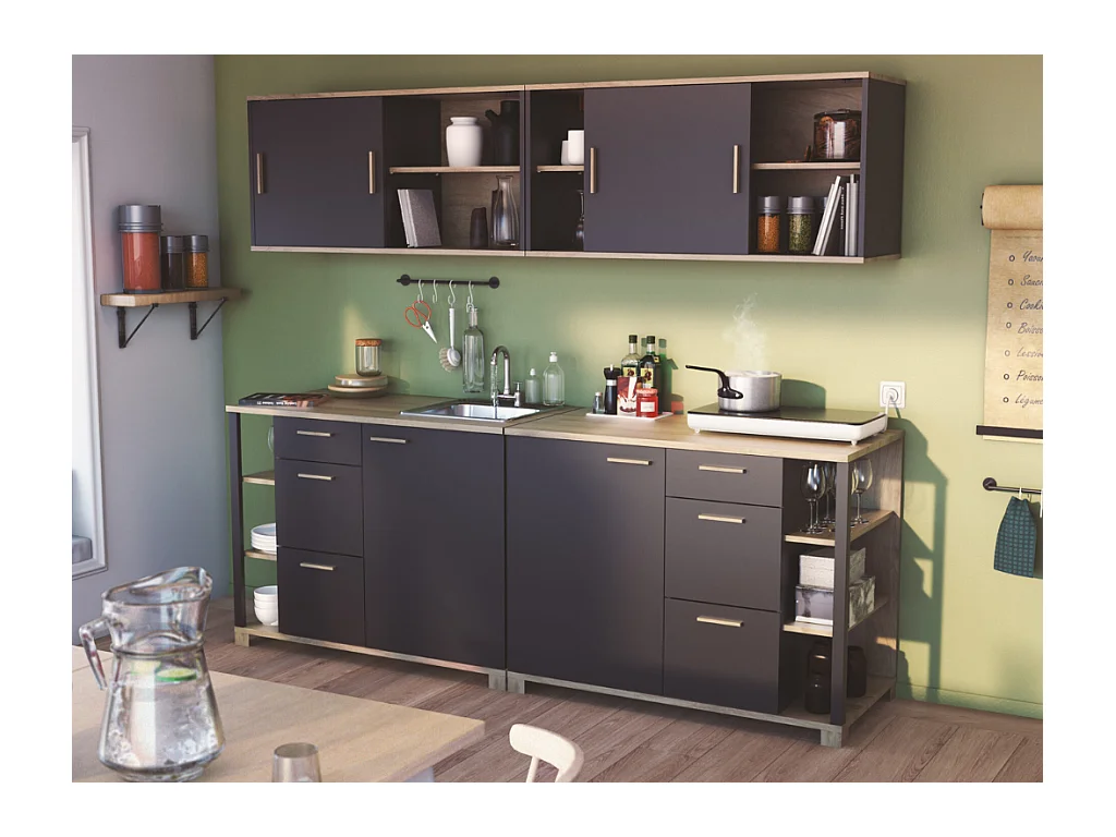 Móvel de Cozinha Suspenso AMBIHOME STUDIO 02 Preto/Carvalho C120xP40xA60cm