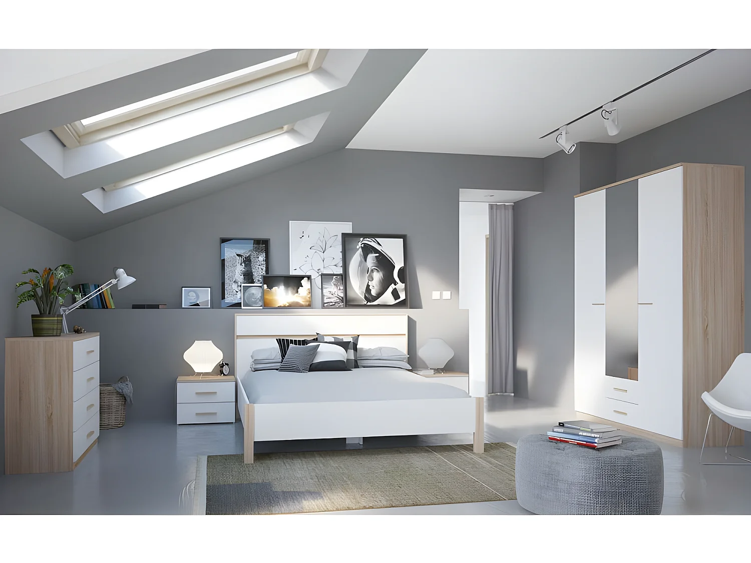 Chevet 2 tiroirs blanc et naturel Lena