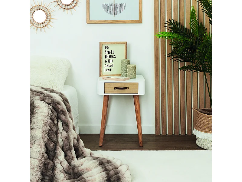 Skandinavischer Nachttisch mit Schublade und Henkel aus Leder