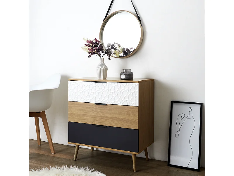 Commode 3 Tiroirs Sven Marron, Noir, Blanc