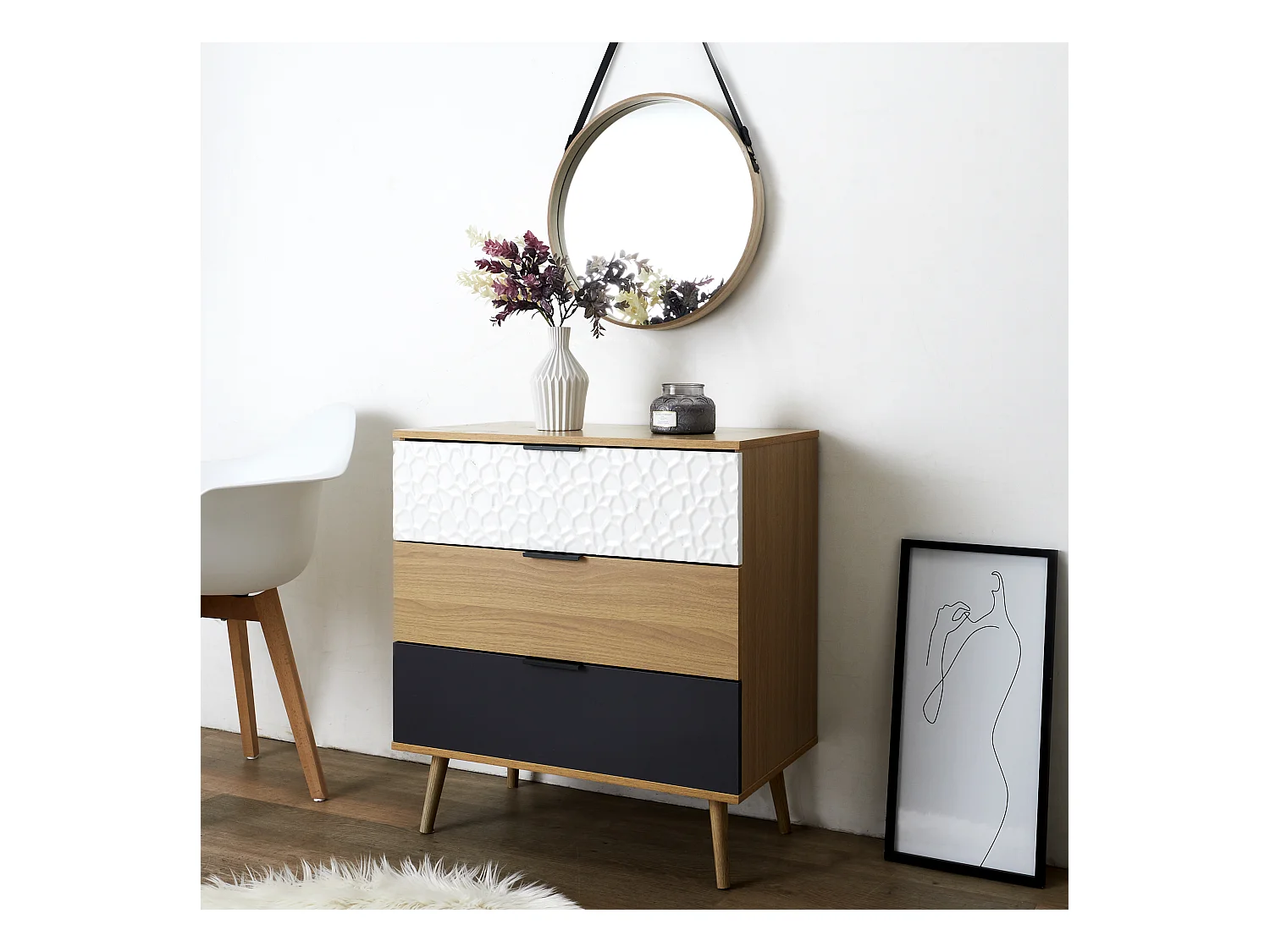 Commode 3 Tiroirs Sven Marron, Noir, Blanc