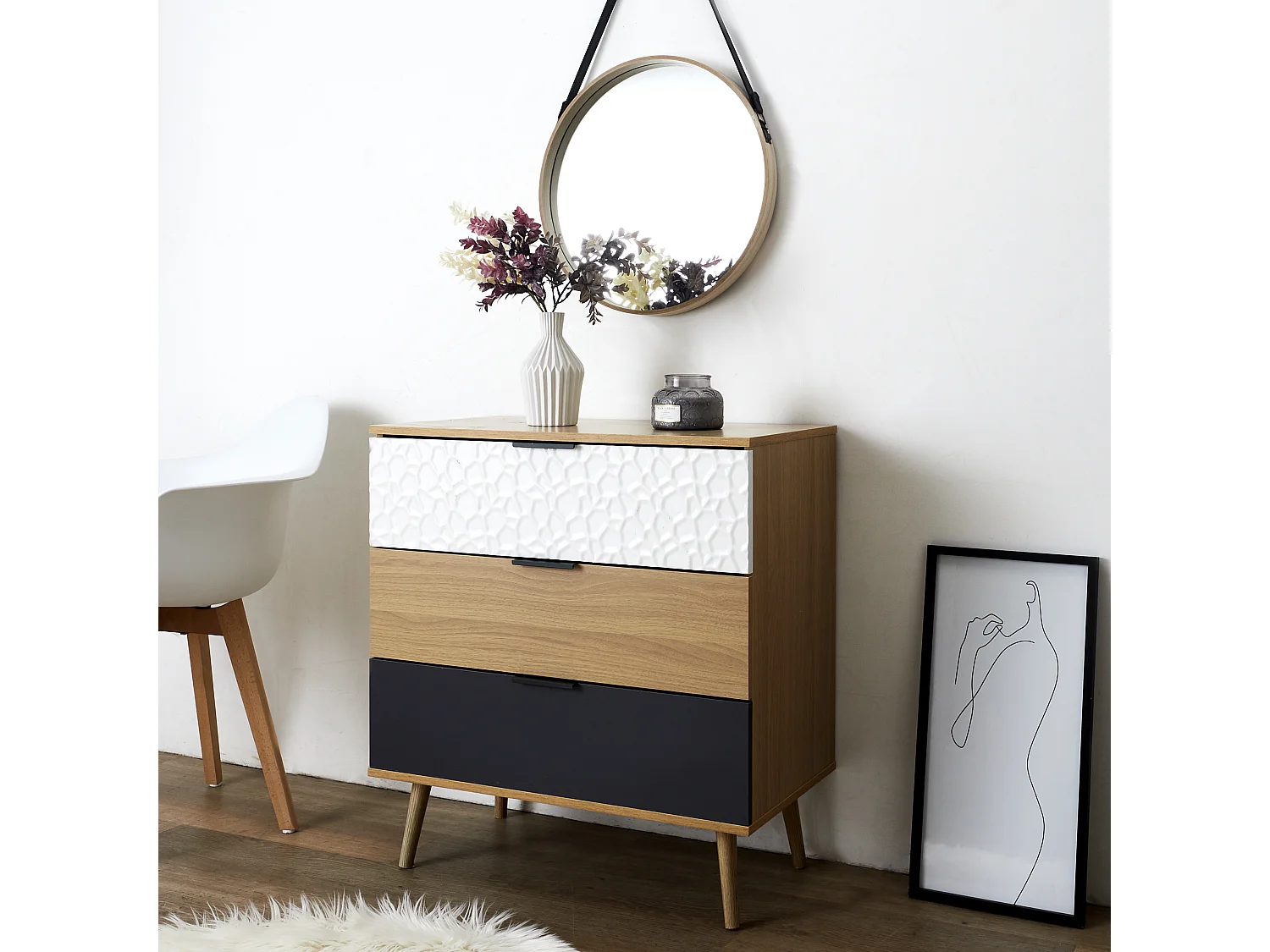 Commode 3 Tiroirs Sven Marron, Noir, Blanc