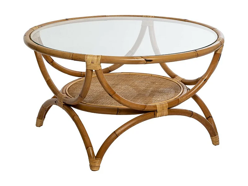 Table basse en Rotin et Verre trempé  90 x H 51 cm