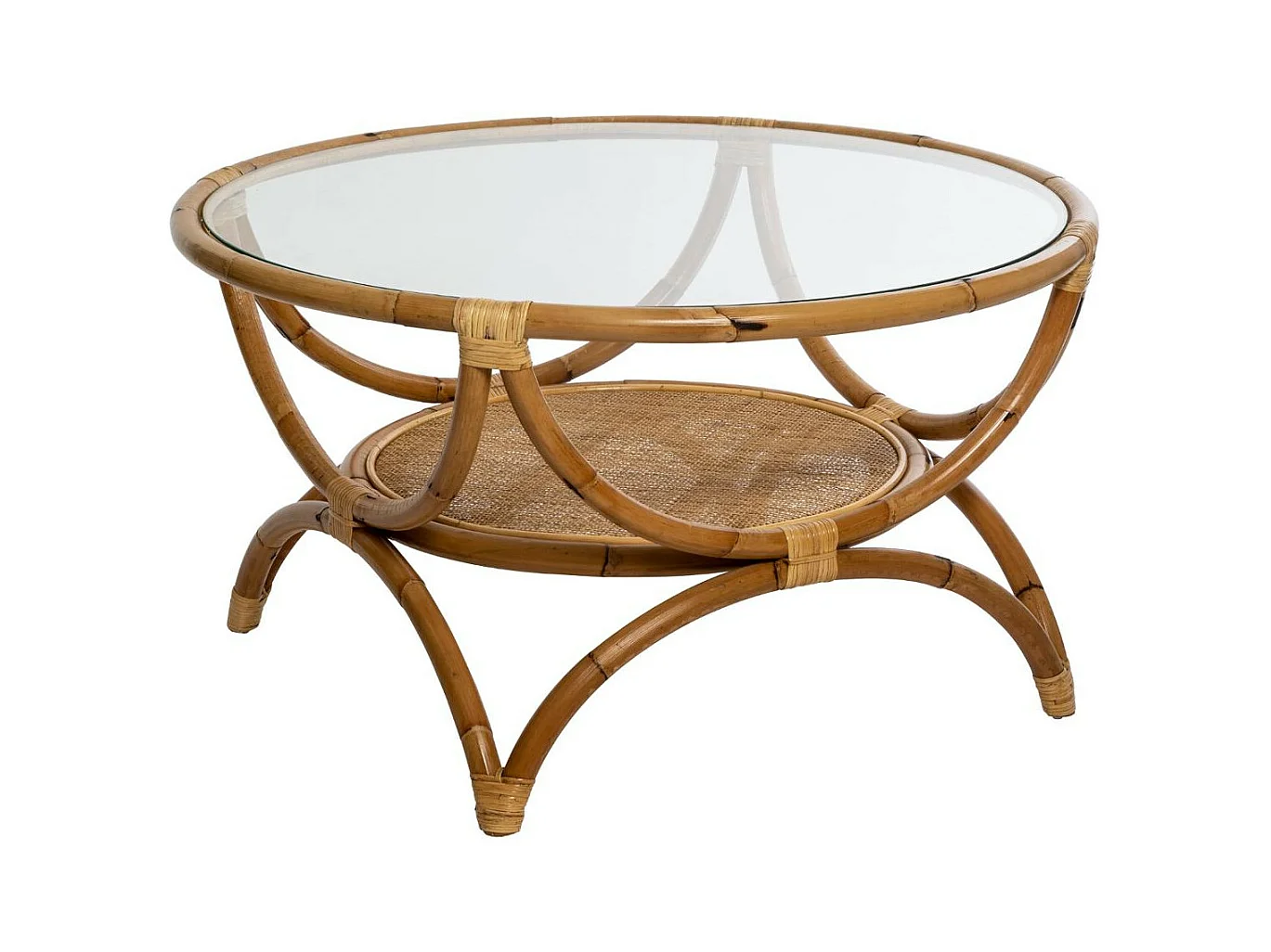 Table basse en Rotin et Verre trempé  90 x H 51 cm