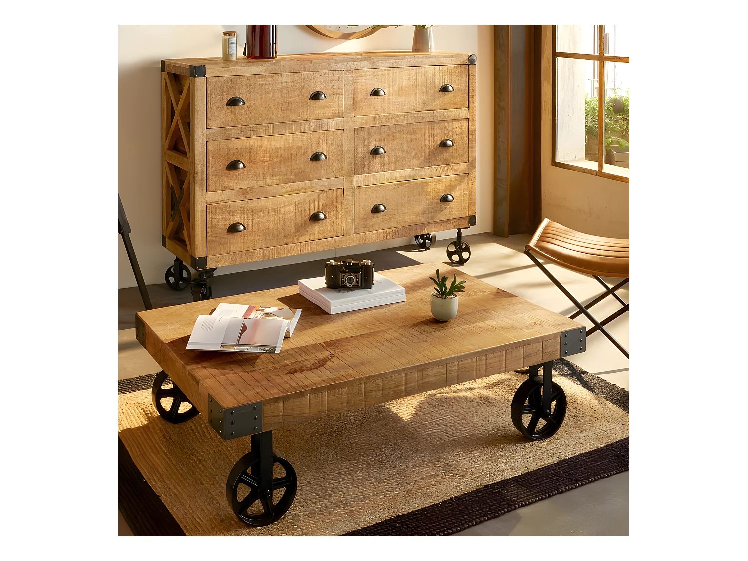 Table Basse à Roulettes en Bois "Til" 117cm Naturel