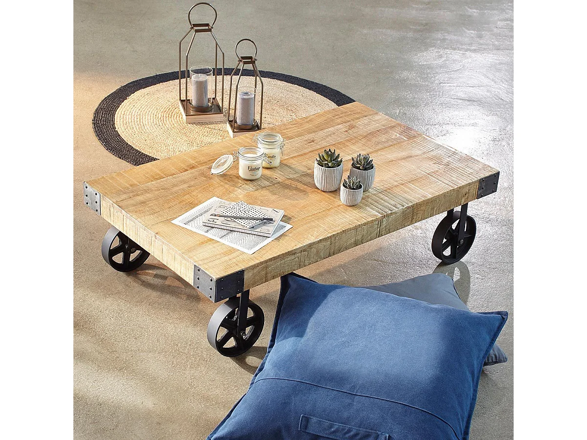 Table Basse à Roulettes en Bois "Til" 117cm Naturel