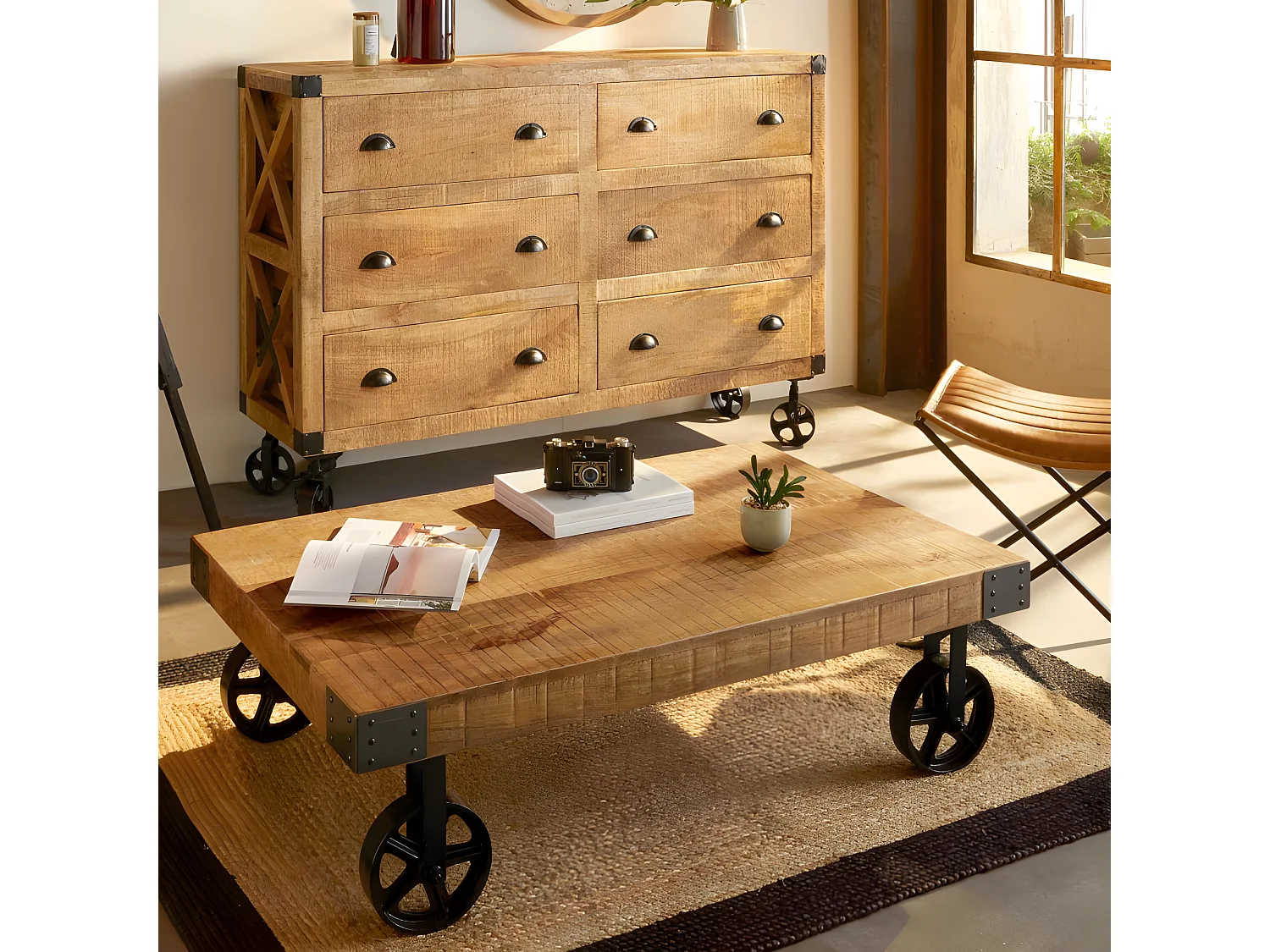 Table Basse à Roulettes en Bois "Til" 117cm Naturel