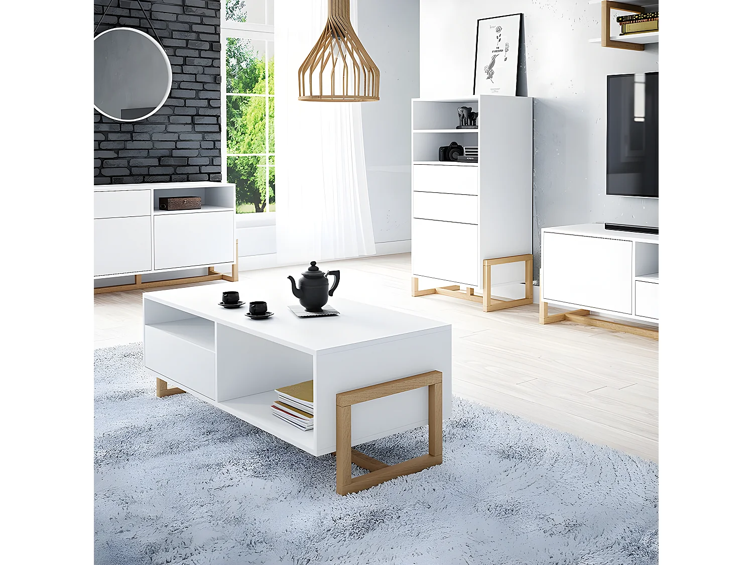 Table basse 1 tiroir 2 niches Oslo blanc